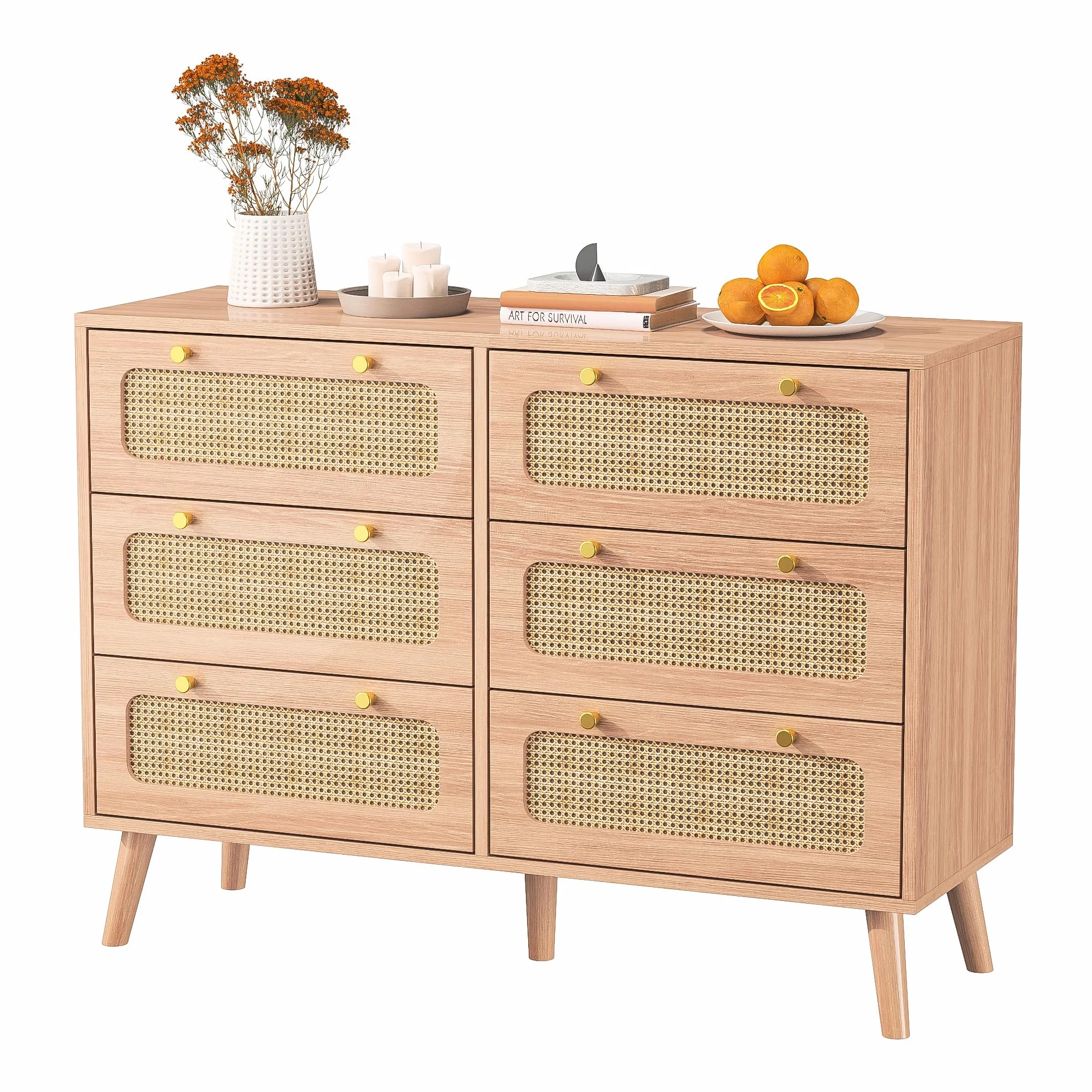 Cómoda de 6 cajones de Madera, Estilo nórdico, cómoda de Almacenamiento con Paneles de ratán, cómoda de Dormitorio Adulto, Color Madera Natural, 100x34x73 cm