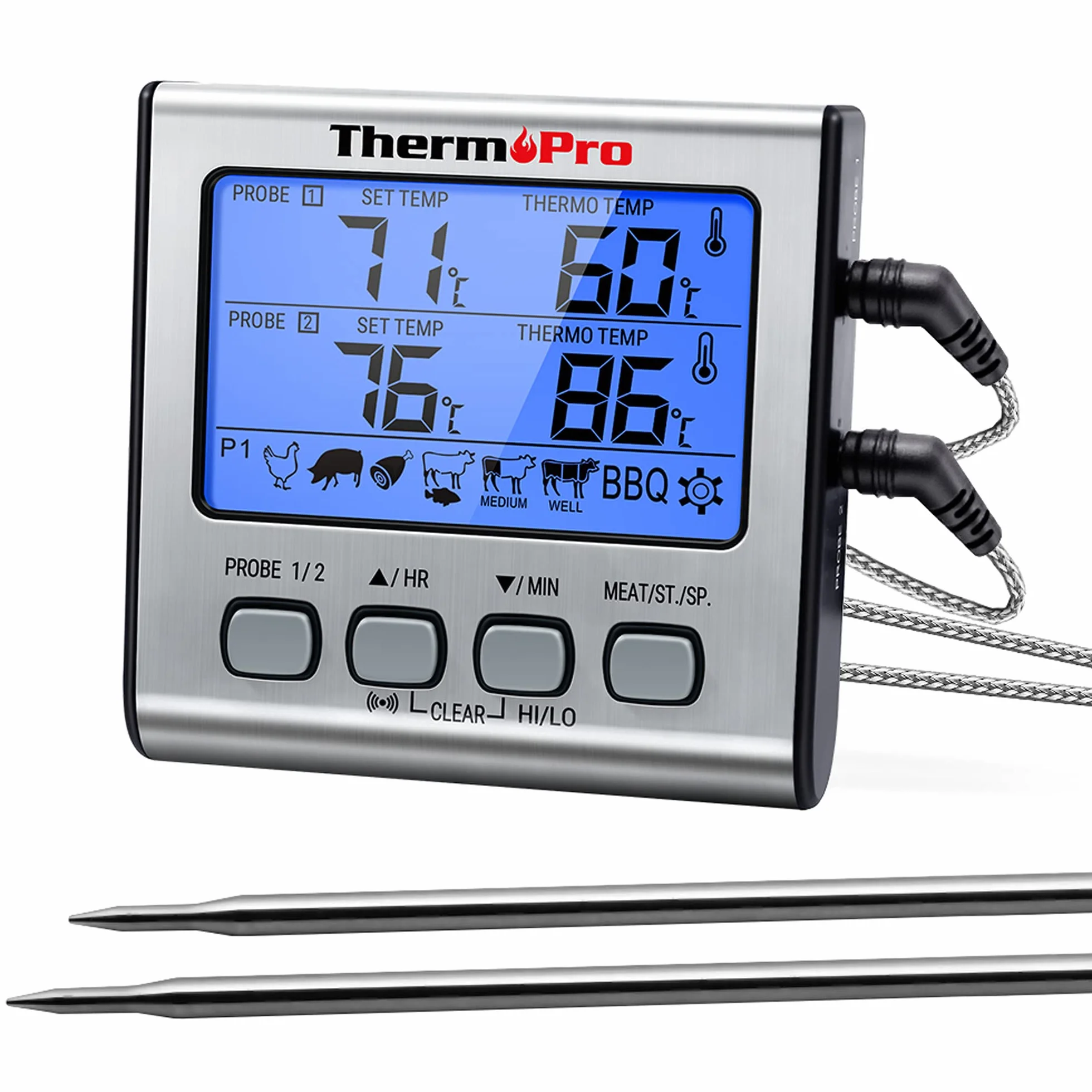 ThermoPro TP17 Termómetro Cocina Digital de Doble Sonda con Modo Temporizador Termómetros de Barbacoa con Grande Retroiluminación de LCD para BBQ Carne Alimentos Líquido Parrilla Horno