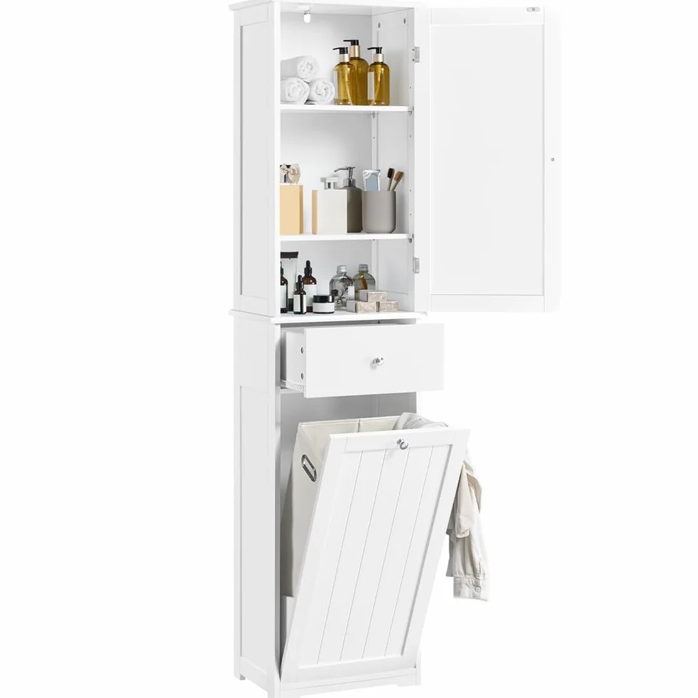 Yaheetech Armario de de Baño Alto Mueble Auxiliar de Baño 45x30x180 cm Armario Estrecho con 1 Armario Cerrado de 3 Estantes Ajustables 1 Cajón y 1 Cesta de Lavandería Blanco
