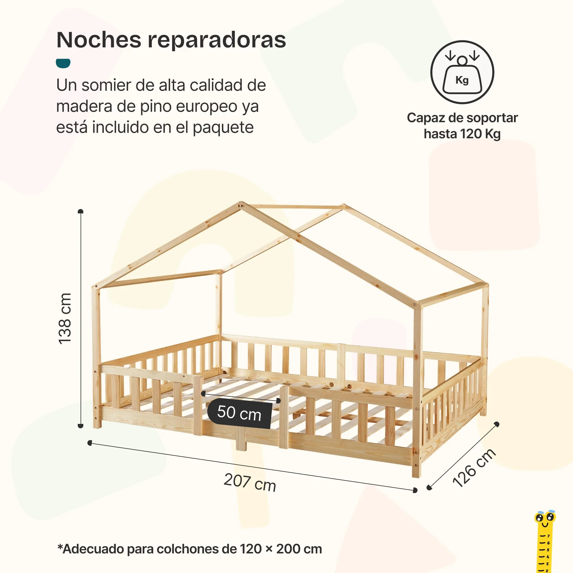 [en.casa] Cama para niños Casita Treviolo hasta 120 kg Cama Infantil con Reja Protectora Forma de casa de Madera Pino 120 x 200 cm - Pino Natural