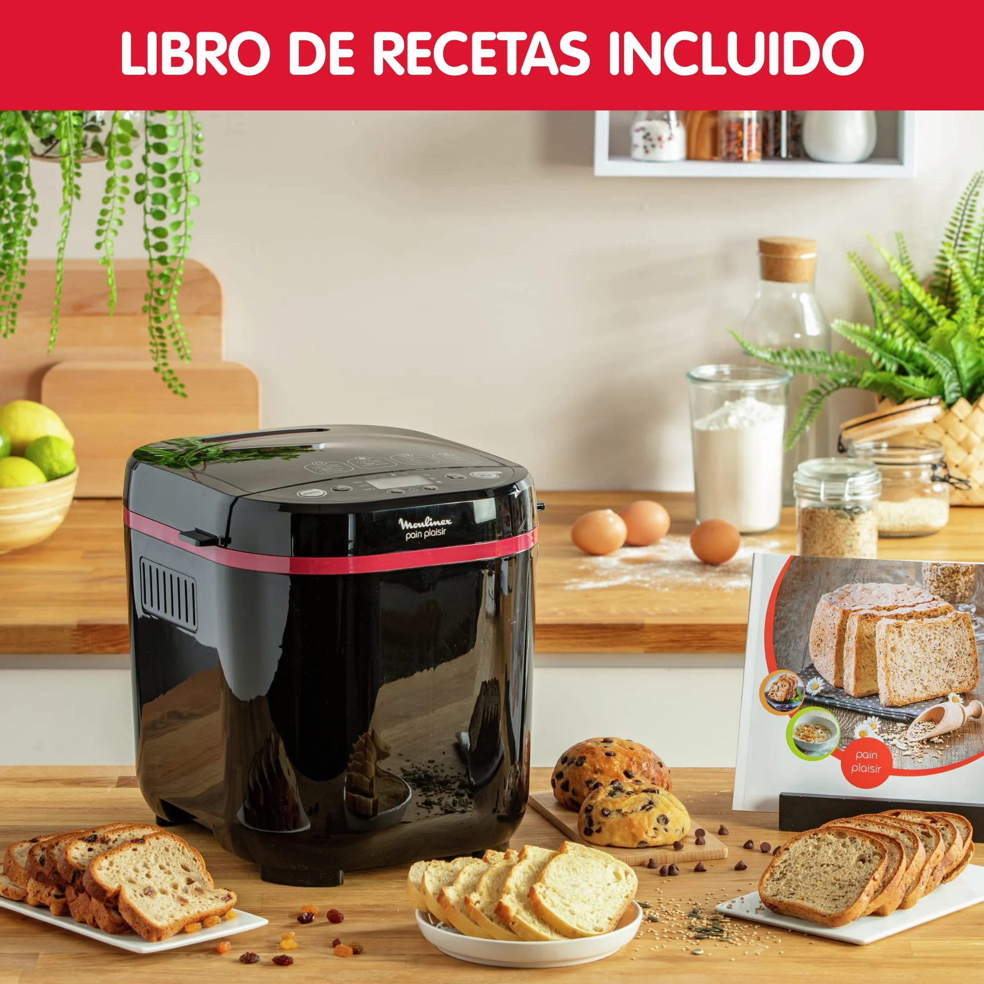 Moulinex Pain Plaisir OW2208 - Panificadora 1Kg, pantalla LCD, 17 programas automáticos, bizcochos, masas, mermeladas y cremas, sin gluten, 3 opciones de tostado y peso, incluye libro de recetas