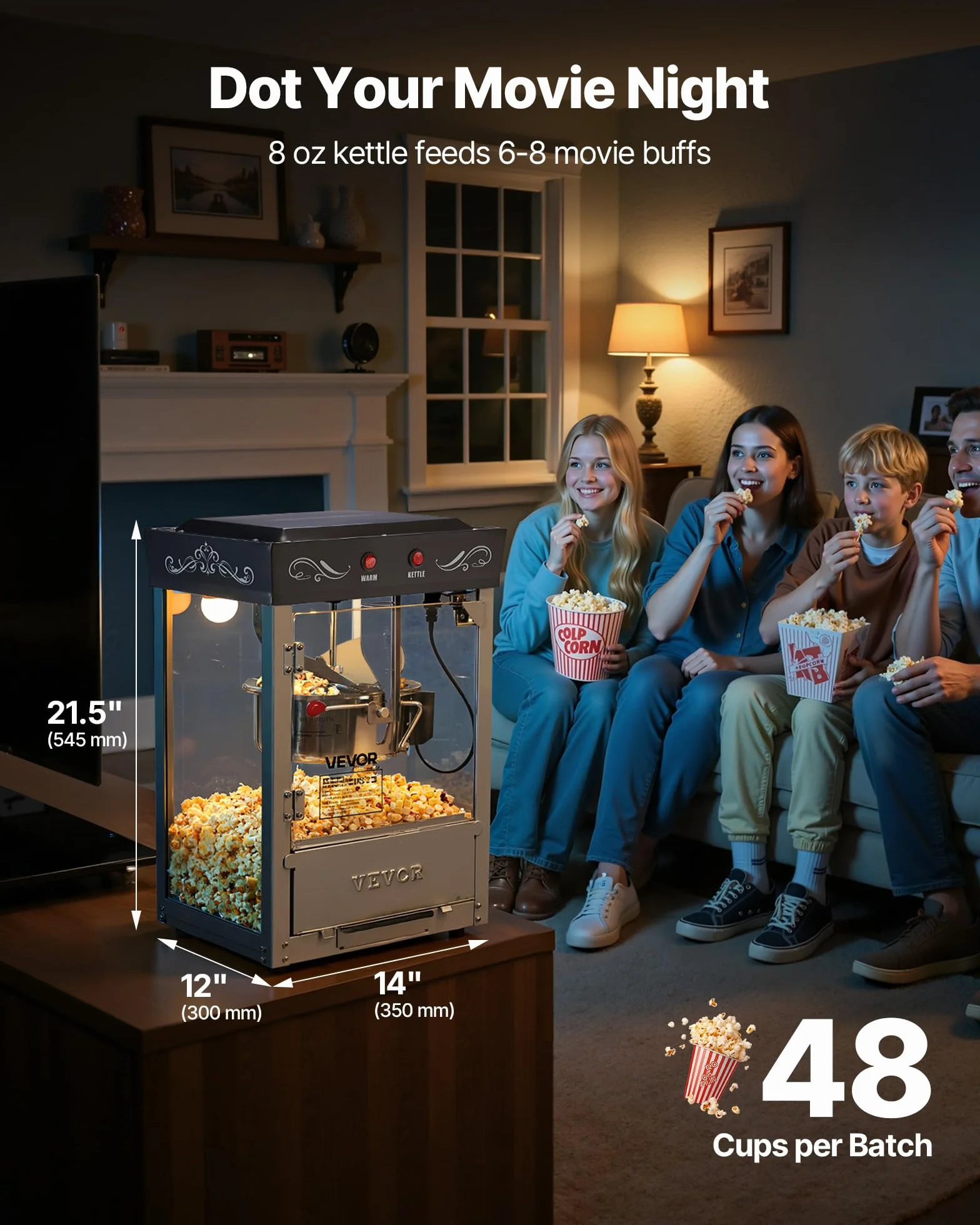 VEVOR Máquina de Palomitas Acero Inoxidable 800 W 48 Tazas Estilo Cine Negro