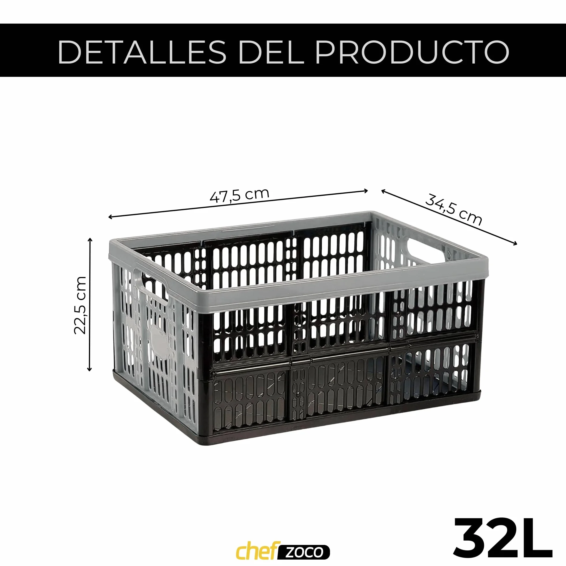 CHEFZOCO Caja Plegable con Asas, Caja plástico para Camping, Organizador para almacenaje, 48 cm Largo x 35 cm Ancho x 23 cm Alto, Capacidad 32 litros, Con asas laterales, Carga máxima de 18 Kg