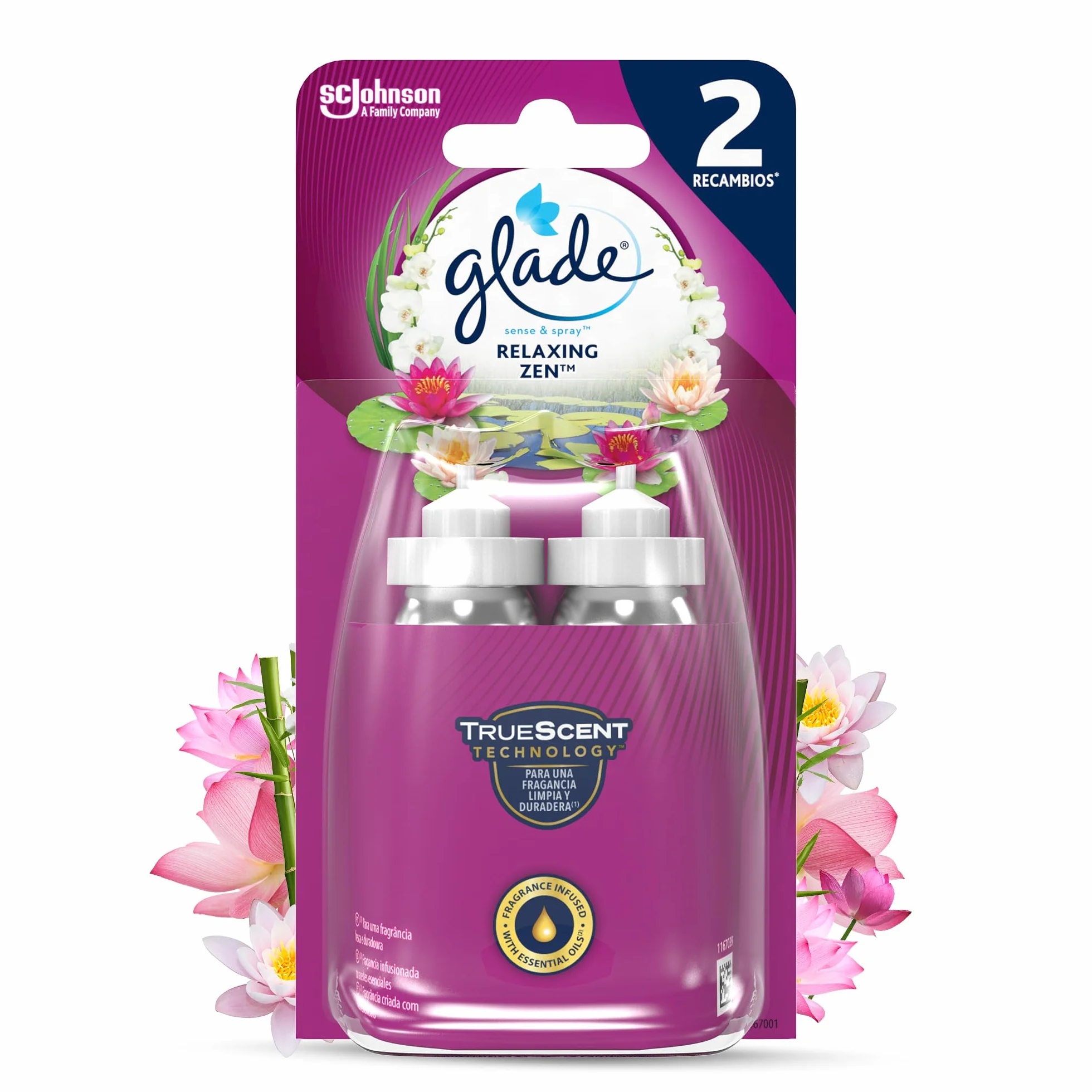 Glade Ambientador Autómatico Sense & Spray Relaxing Zen, Sensor de Movimiento, 120 Días, Aceites Esenciales, Pack 2 Recambios