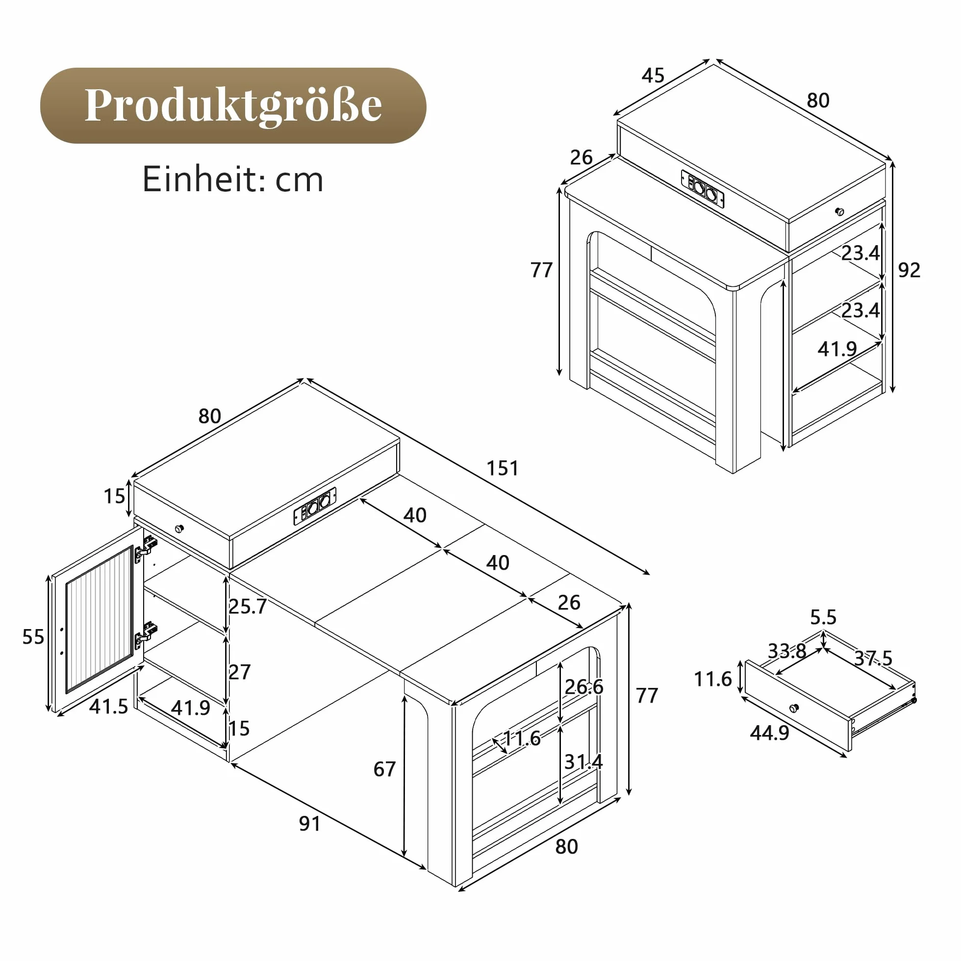 Kebnor Isla de Cocina con Ruedas, Mesa de Comedor Extensible con Tablero Desmontable, Mesa de Bar con Regletas de Enchufes, Sirve como Aparador o Alacena para Cocina y Sala