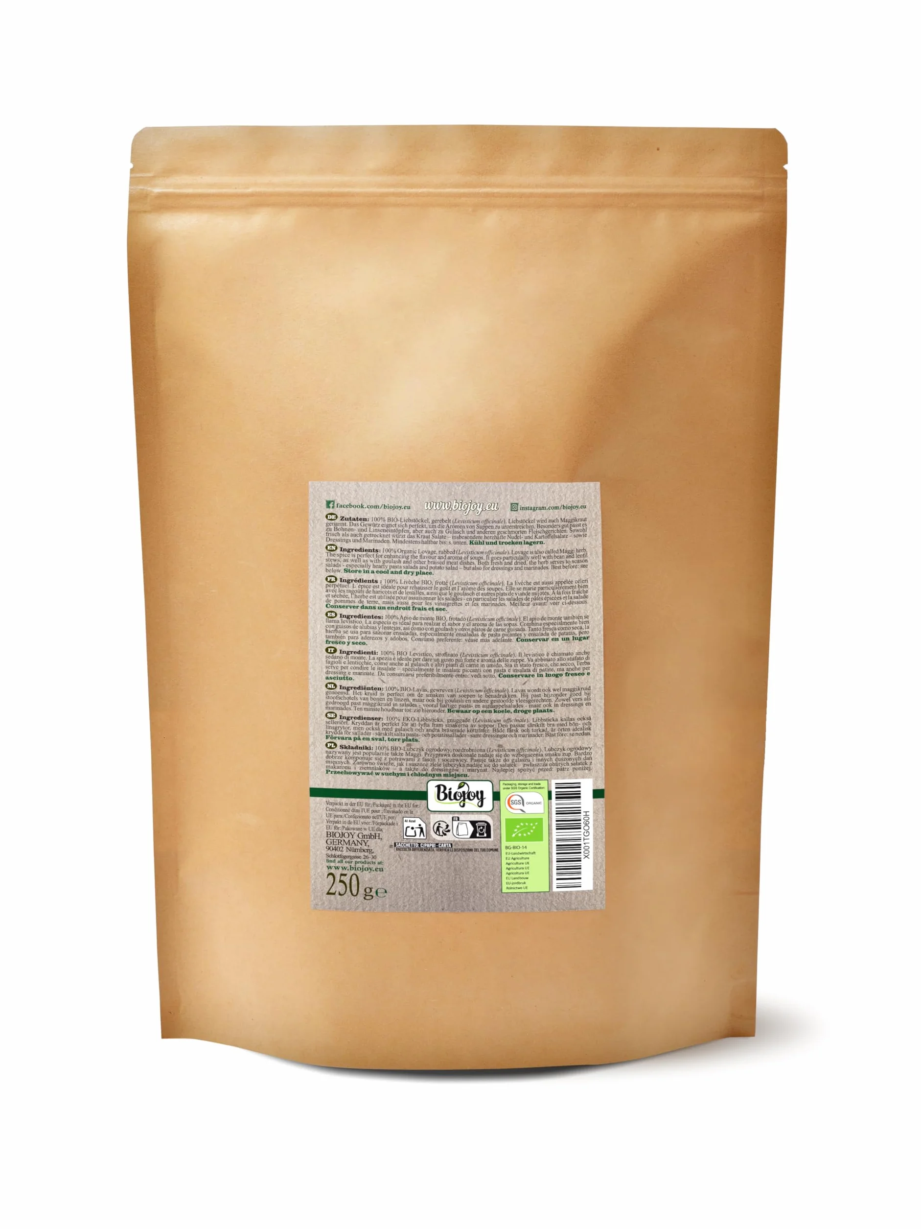 Biojoy Apio de Monte Orgánico Levístico 250 g Seco Cortado para Mezcla de Especias Té