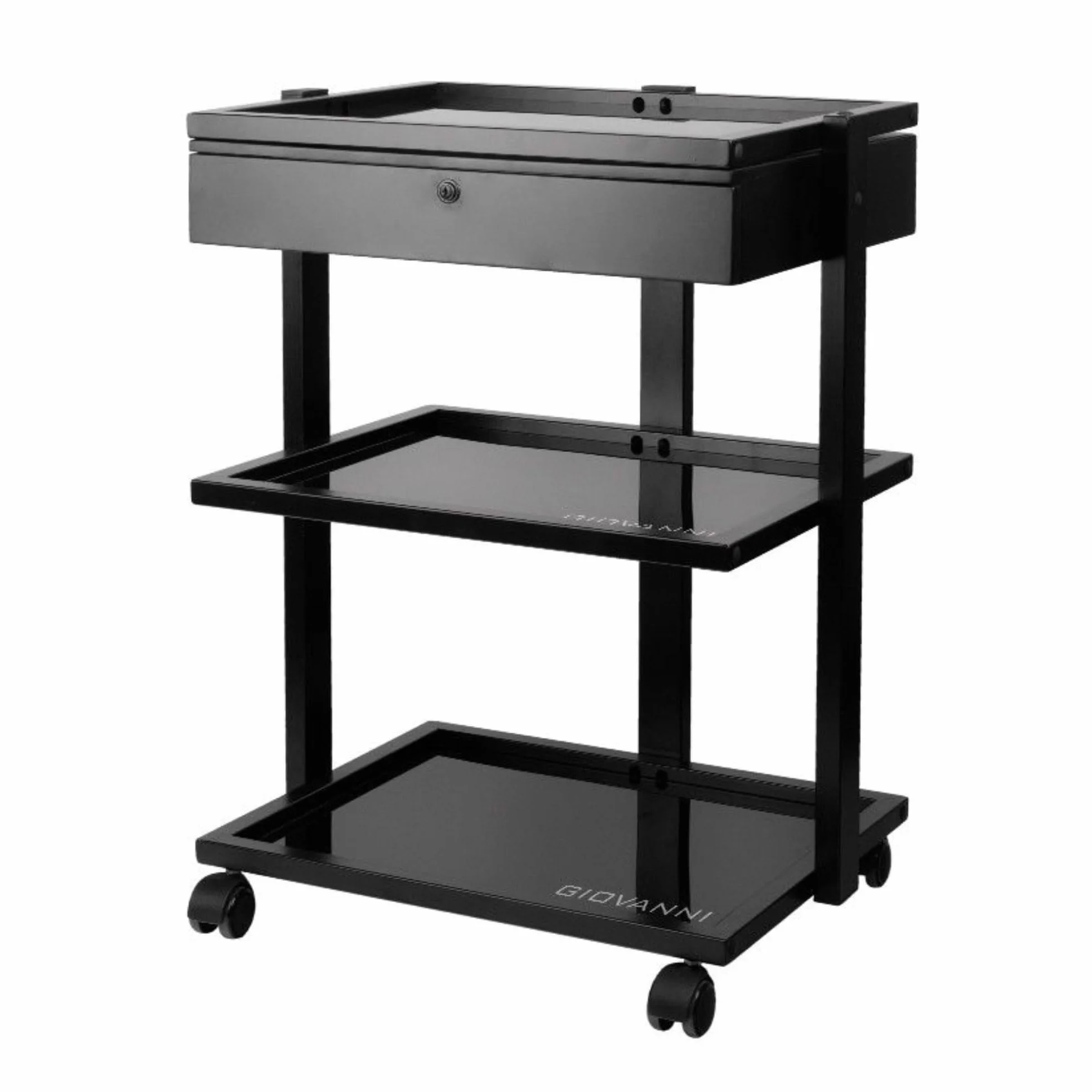 Carrito auxiliar AS Ink PRO 1040 Negro – Elegante organizador para estudios de belleza, con cajón con cerradura, estantes de cristal y ruedas, 55 x 44 x 80 cm