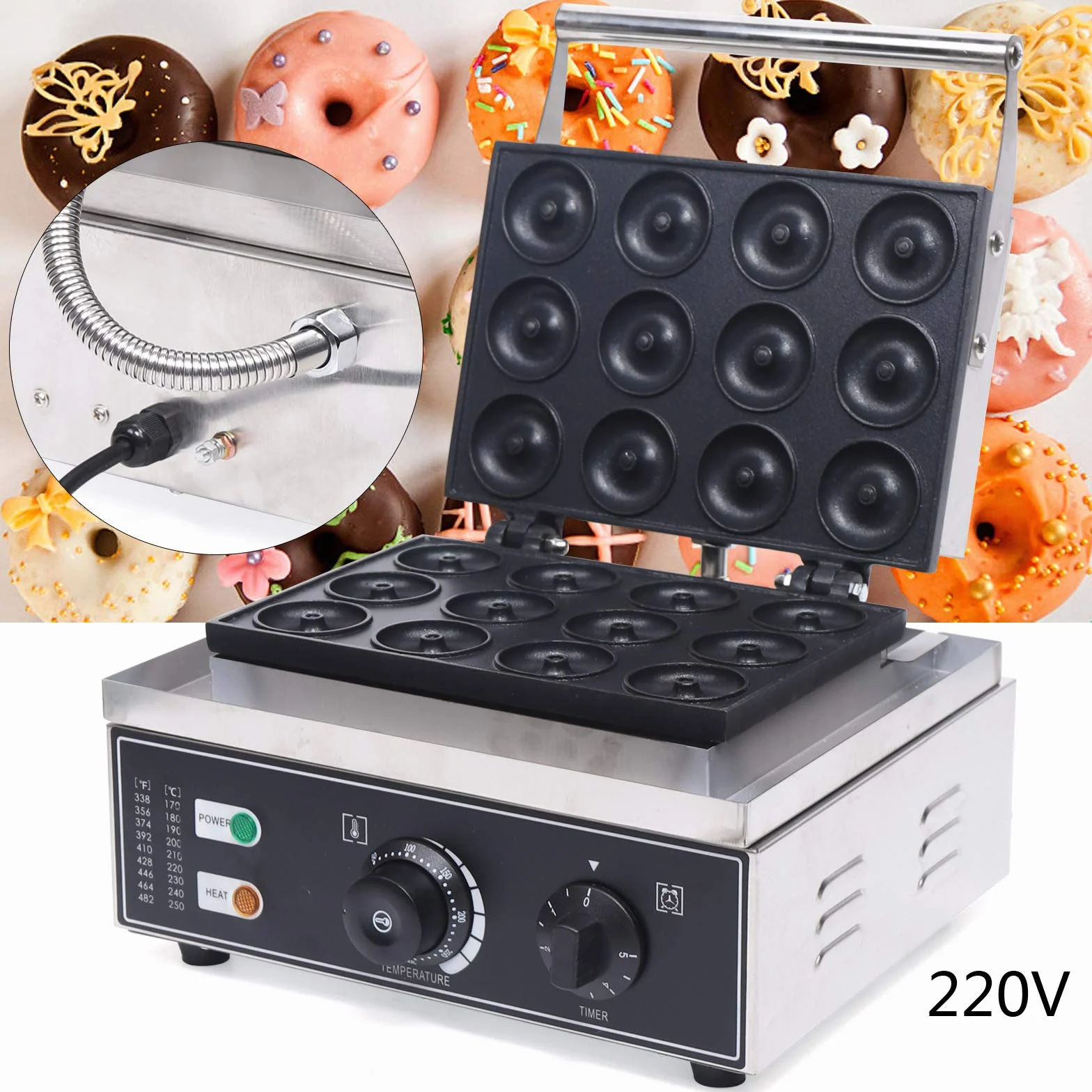 Máquina de donuts eléctrica 1550 W, 12 moldes antiadherentes – Freidora profesional para café, panadería y hogar | Ajuste de temperatura 50-300 °C y temporizador, acero inoxidable, 220 V