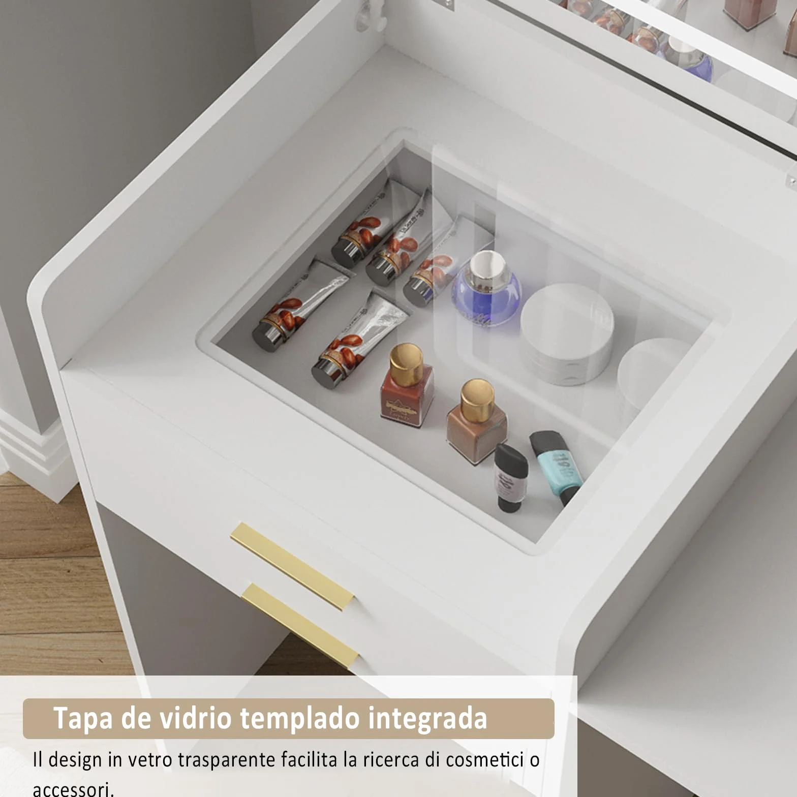 YU YUSING Tocador 3 en 1 con Espejo Abatible, Tocador con Taburete
