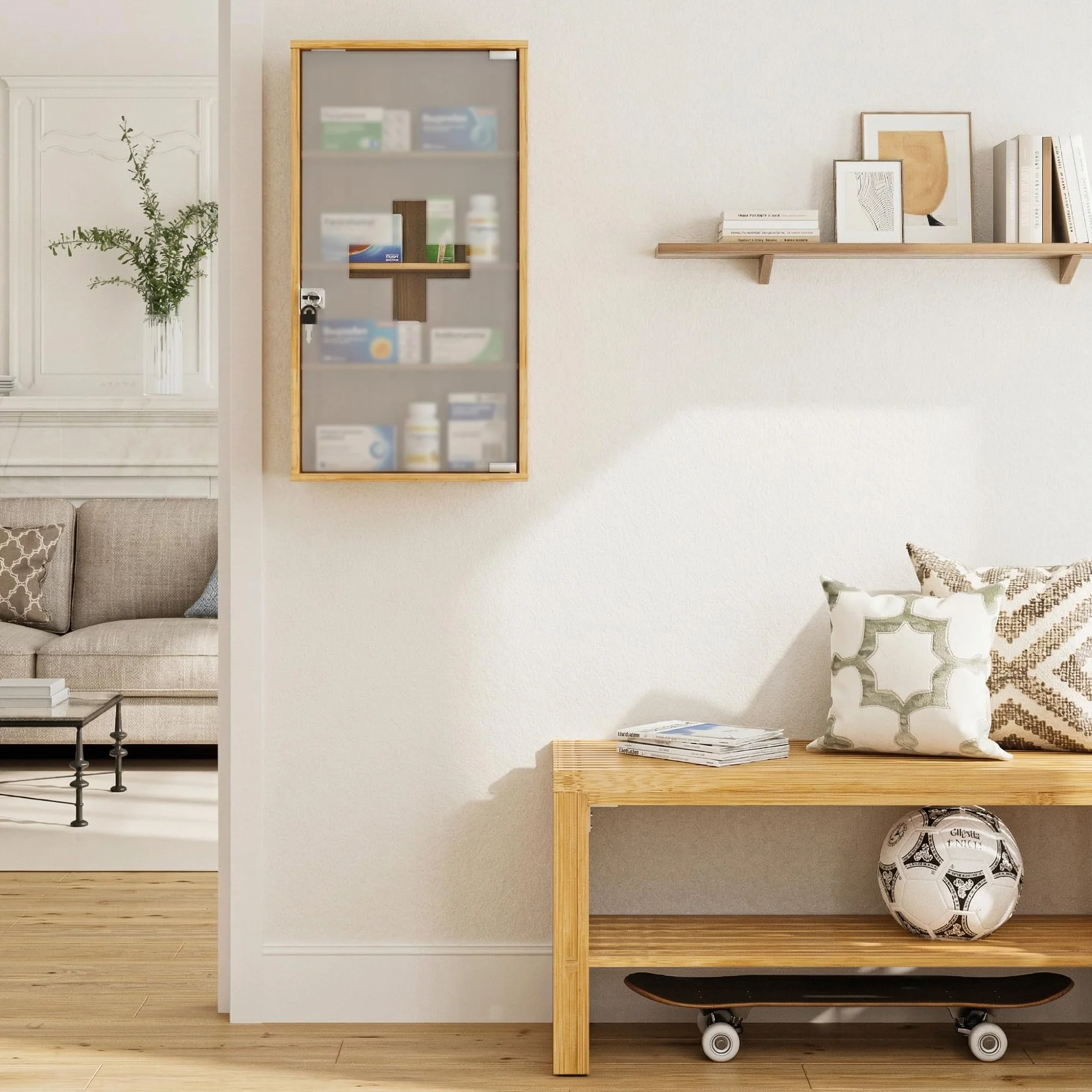 HEYZOEY Botiquín de bambú con cerradura 4 compartimentos 65 x 35 x 18 cm para medicamentos pared baño
