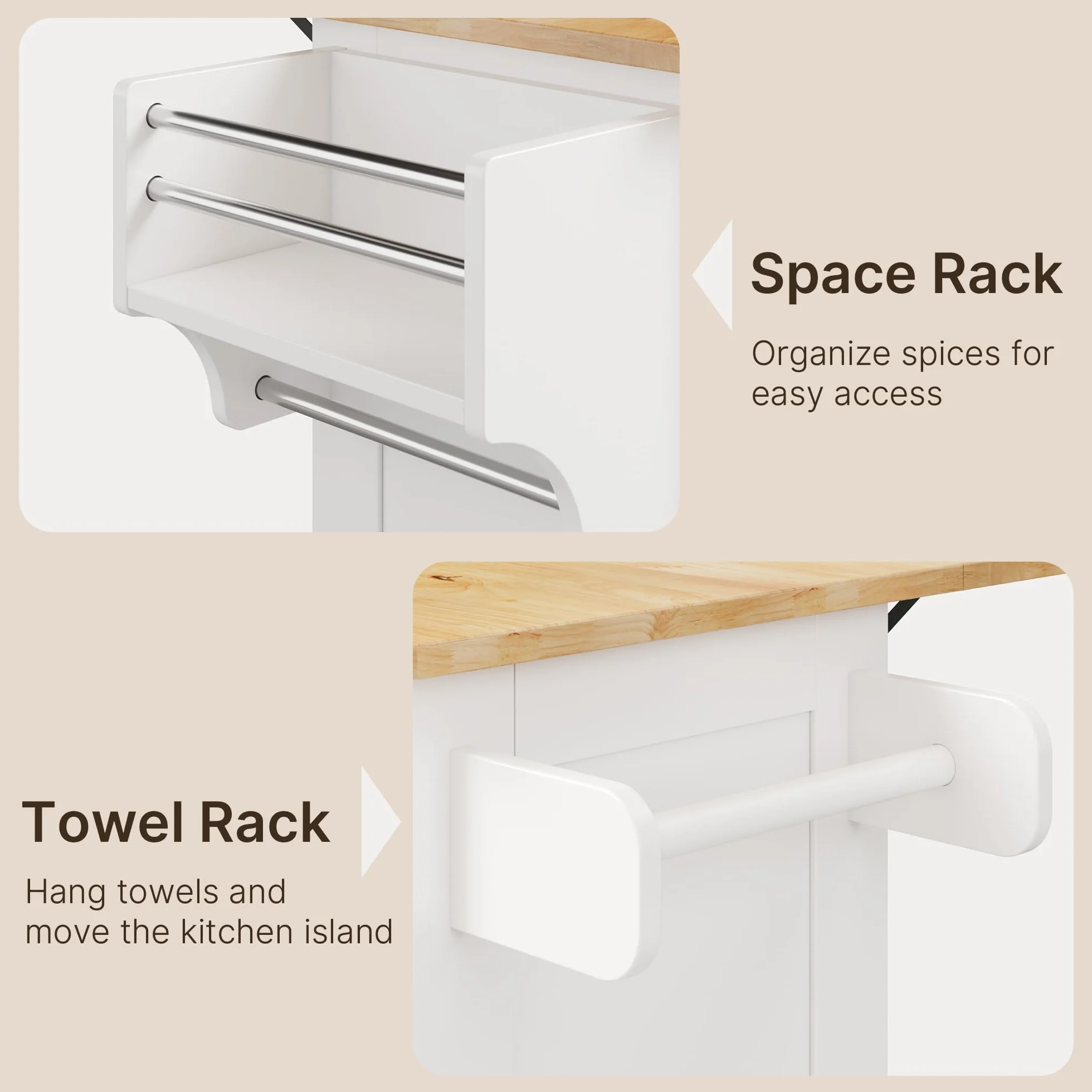 Xbro Isla de Cocina Móvil con Ruedas 145x75x90cm, Carrito Auxiliar Almacenaje, Mueble Moderno Blanco con Encimera y Estanterías para Cocina Comedor (Blanco)