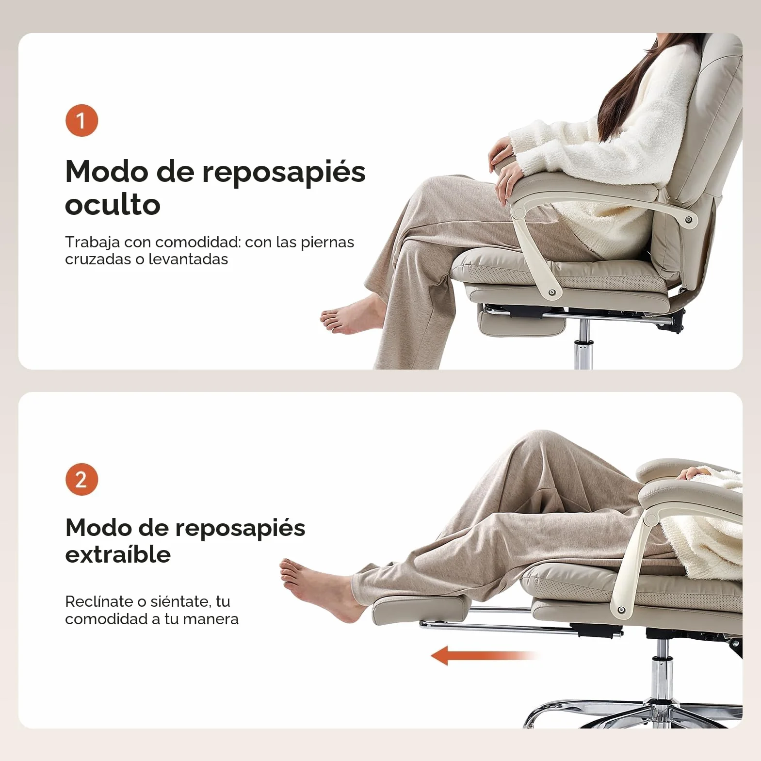 EMIAH Silla de Oficina Ergonómica con Reposapiés, Silla de Escritorio Ejecutiva Reclinable, Sillón de Cuero PU, Modernas Cómoda Silla de Ordenador Tocador con Ruedas, Bonita Silla para el Hogar, Beige