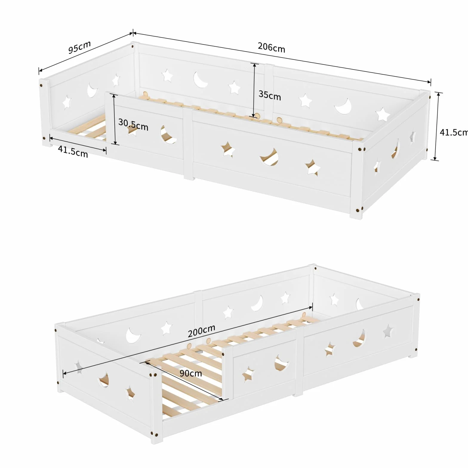 Cama en el suelo para bebé, 90 x 200 cm, cama en el suelo de inspiración Montessori, camas infantiles de madera con barrera de seguridad y somier de láminas, camas individuales para niños y