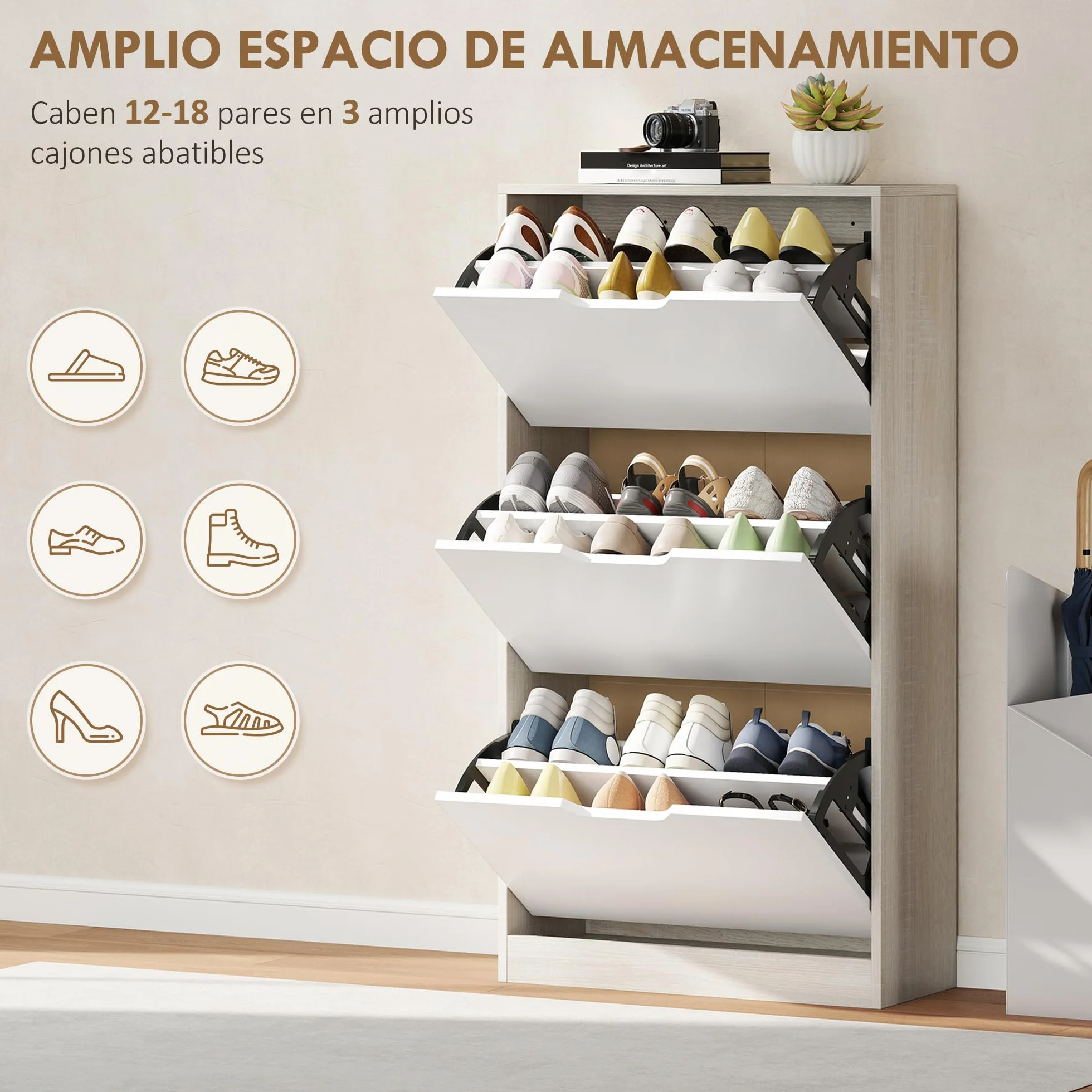HOMCOM Zapatero Estrecho, 3 Puertas Abatibles, Zapatero Entrada Recibidor para 18 Pares de Zapatos, para Pasillo, Espacios Reducidos, 62,5x26x117,5 cm, Roble y Blanco
