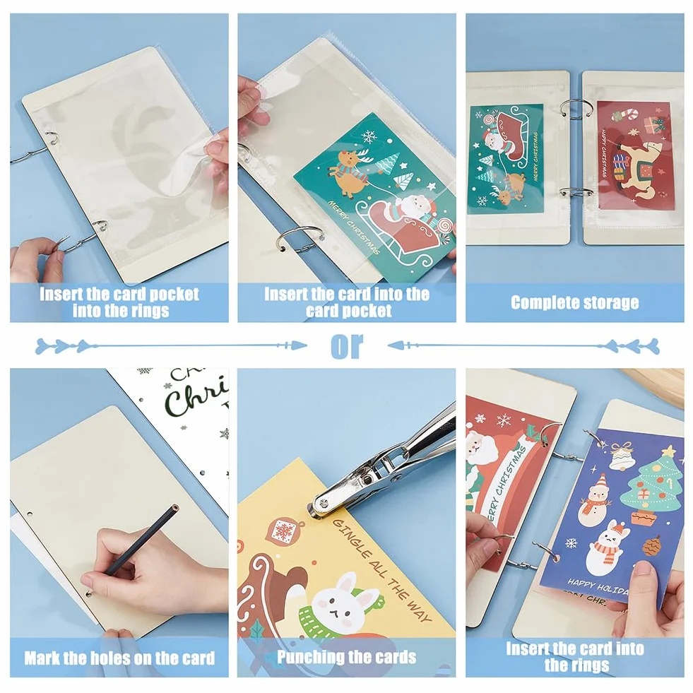 SUPERDANT Árbol de Navidad dibujado a mano, tarjetas de felicitación, organizador de tarjetas pasadas, carpeta de tarjetas postales, soporte para tarjetas de madera, regalos de Navidad, 2 anillos