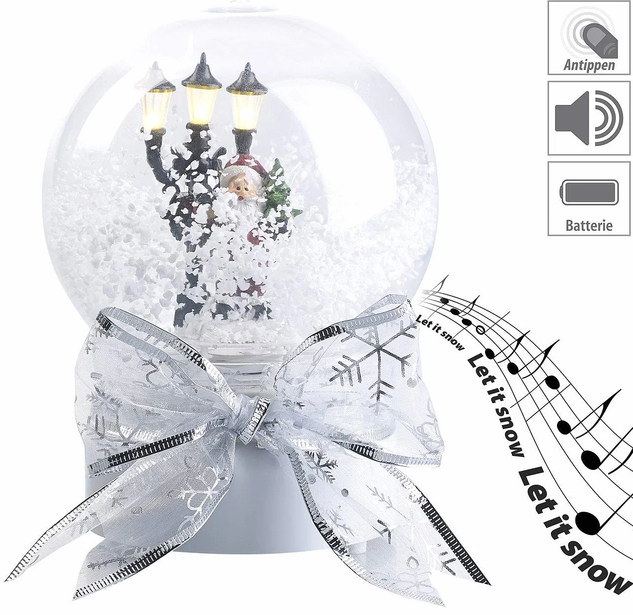 Infactory Globos de Nieve de Navidad - Bola: Globo de Nieve con Papá Noel Cantando, Mini farola de Calle con Leds, Activa luz, Sonido y torbellino de Nieve al Tocar (Esfera Cristal, Globo música)