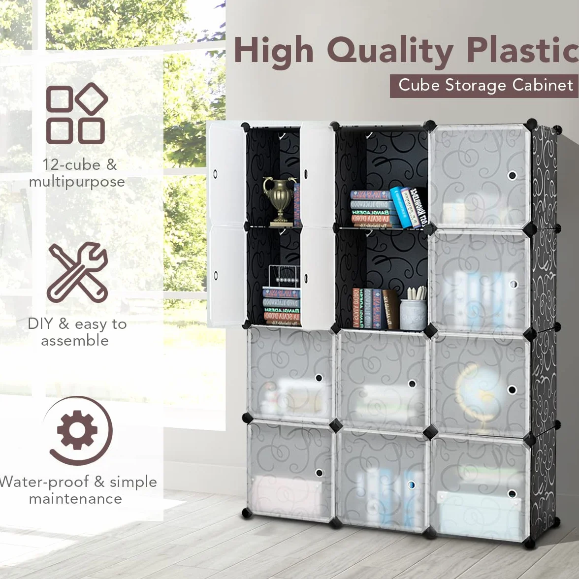 GOPLUS Mueble de almacenamiento 12 cubos 35x35 cm estante modular plástico apilable con puertas carga 10 kg