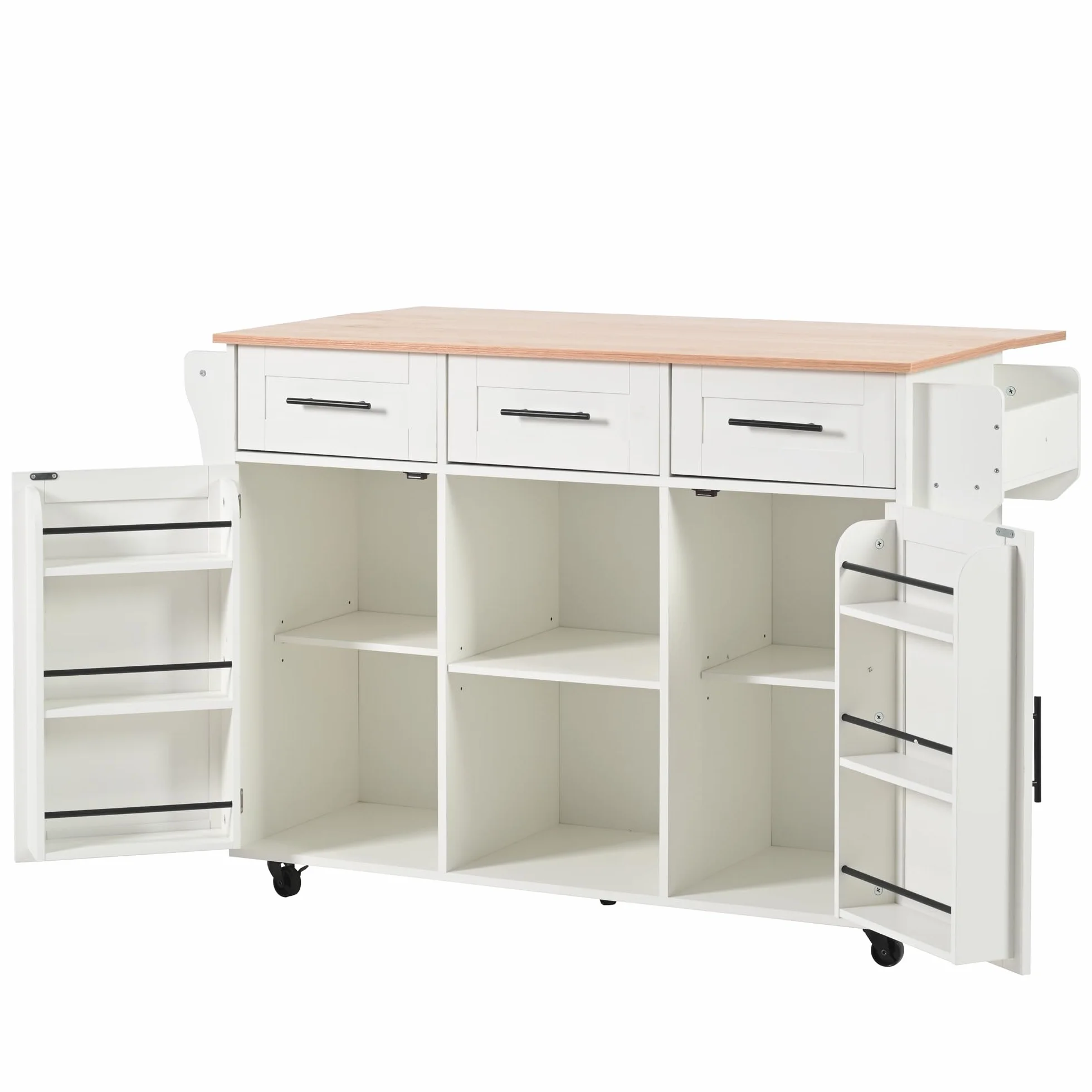 LAKFEW Isla Cocina con 5 Ruedas y Mesa Plegable, Aparador Cocina con 2 Puertas y 3 Cajones, Mueble Auxiliar de Cocina Isla de Cocina con Estantes Ajustables y Toallero, 139x46(71) x91.5 cm, Blanco