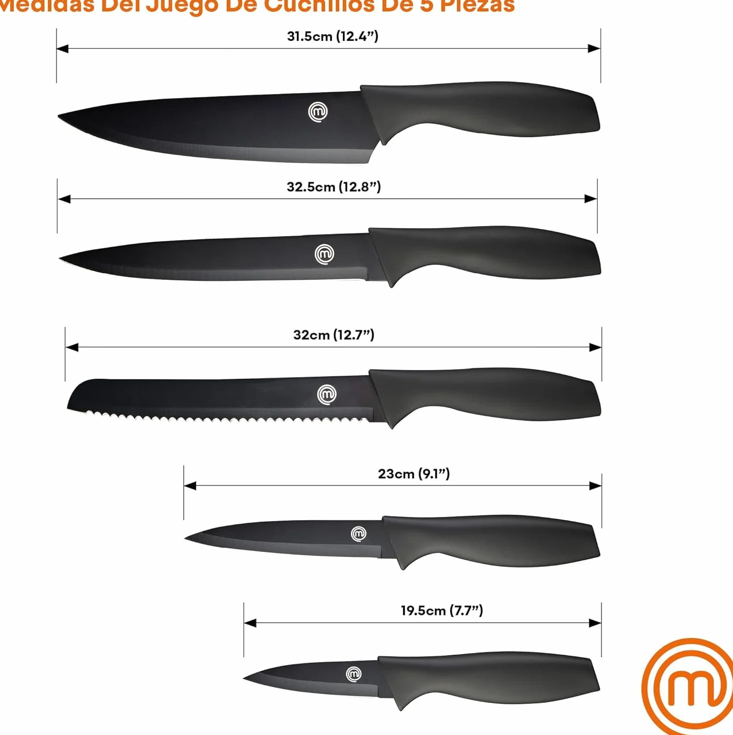 MasterChef Cuchillos Cocina Set de Chef 5 Piezas Acero Inoxidable Negro