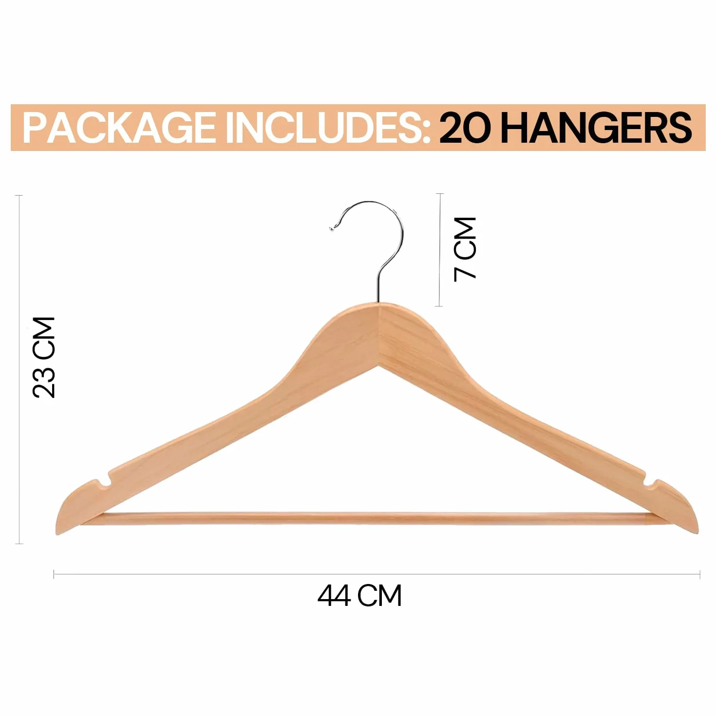 Perchas Madera Maciza con Gancho Giratorio 360, Pack 20 Unidades, Natural, para Organizar Ropa