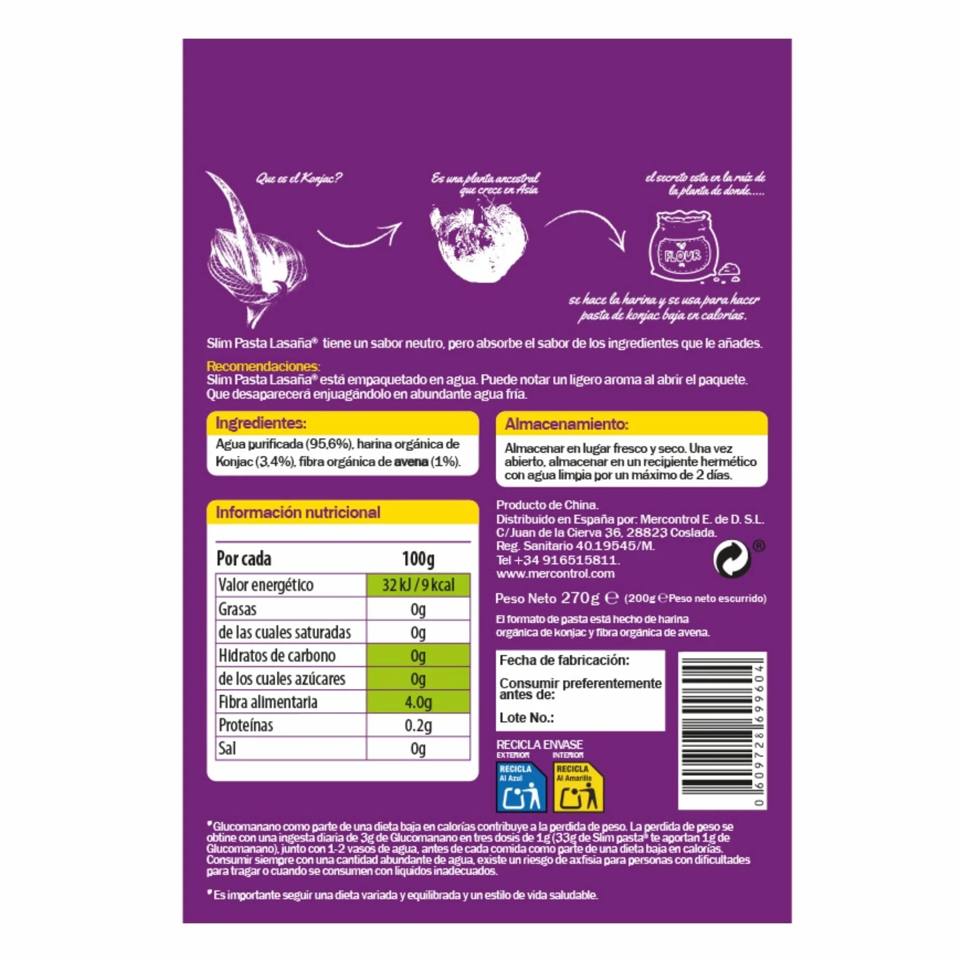 Slim Pasta Placas de Lasaña Vegana 270 g Baja en Calorías Dieta Keto