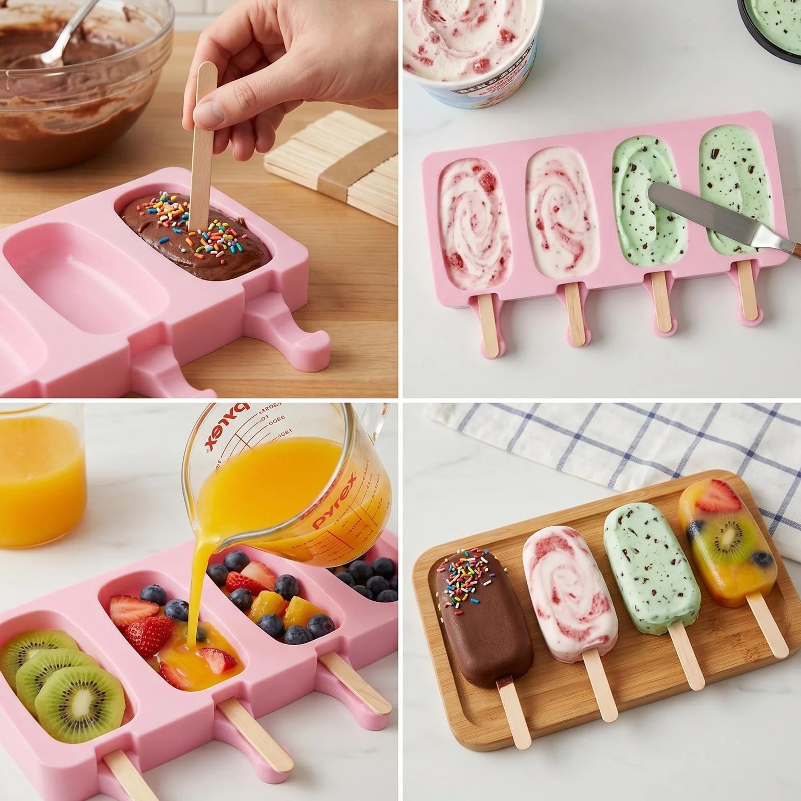 Moldes de Helado de Silicona 26 x 11 cm con 100 Palos de Madera Reutilizables para Paletas
