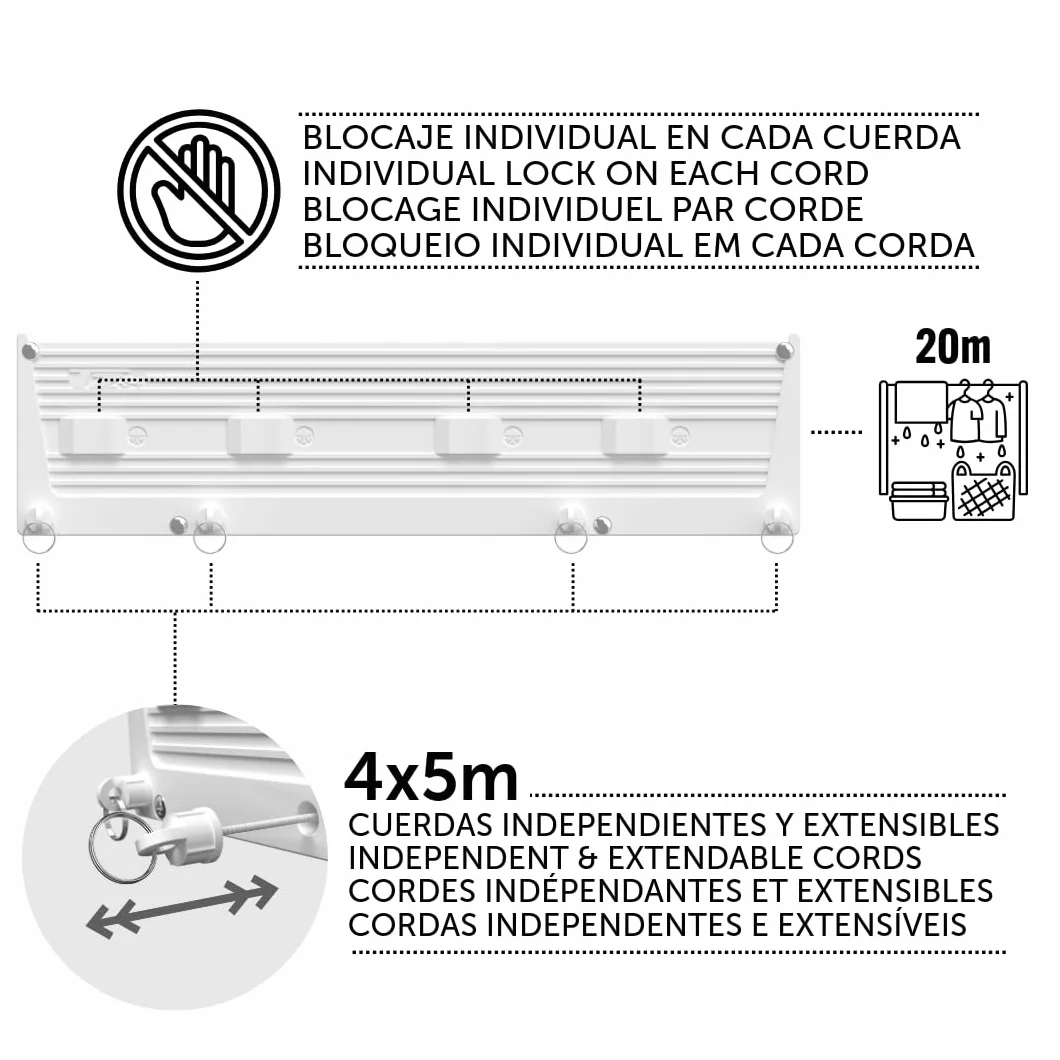Cuncial TZ-S-4 Tendedero Automático de Pared 4 Cuerdas 20 m Extensible 5 m Blocaje Individual Compacto Resistente Fabricado en España
