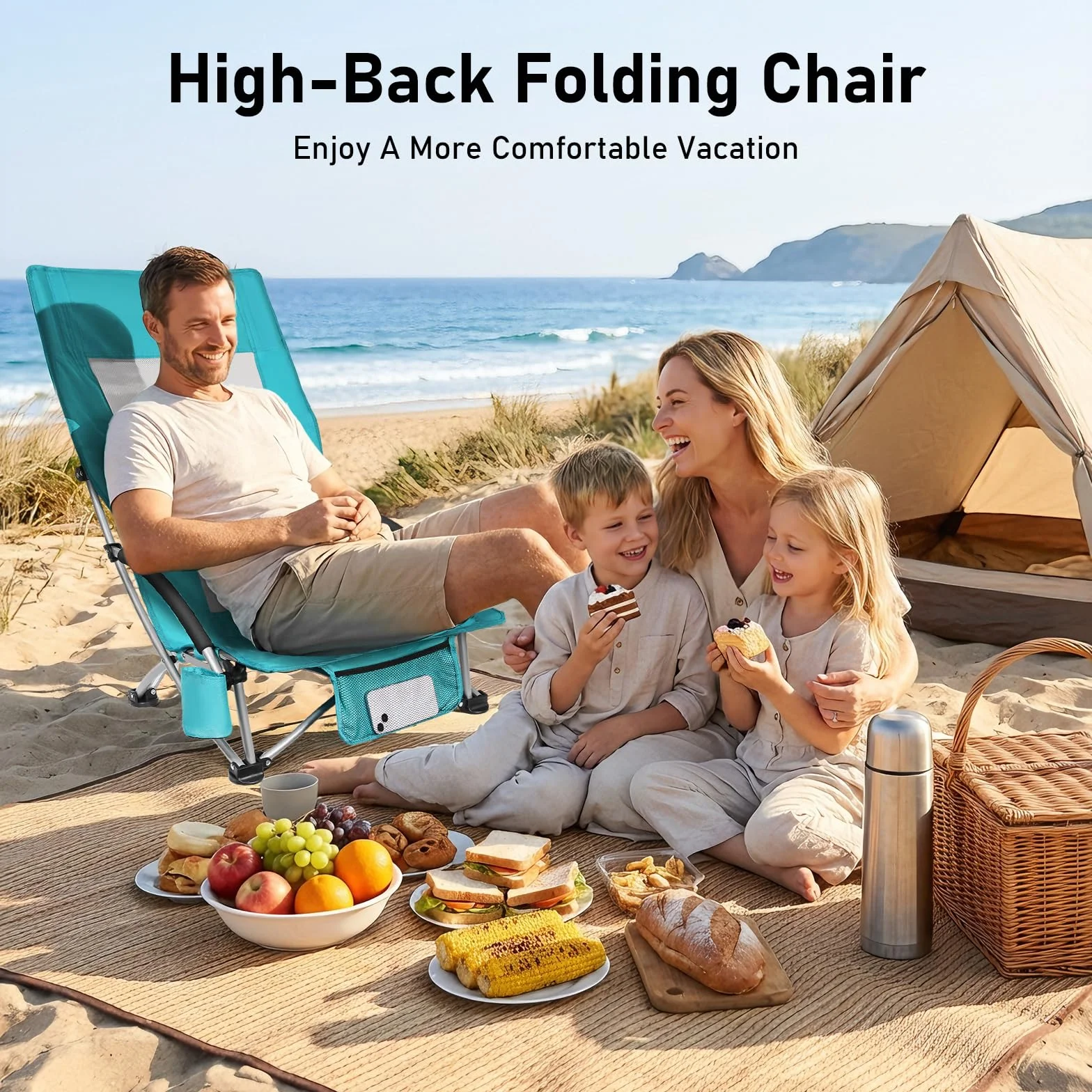 WildFun Silla de playa plegable baja, ligera y portátil, con respaldo alto, soporte para bebidas, soporta hasta 180 kg, para viajes, exteriores, barbacoas, pícnic, festivales (1 unidad, azul)