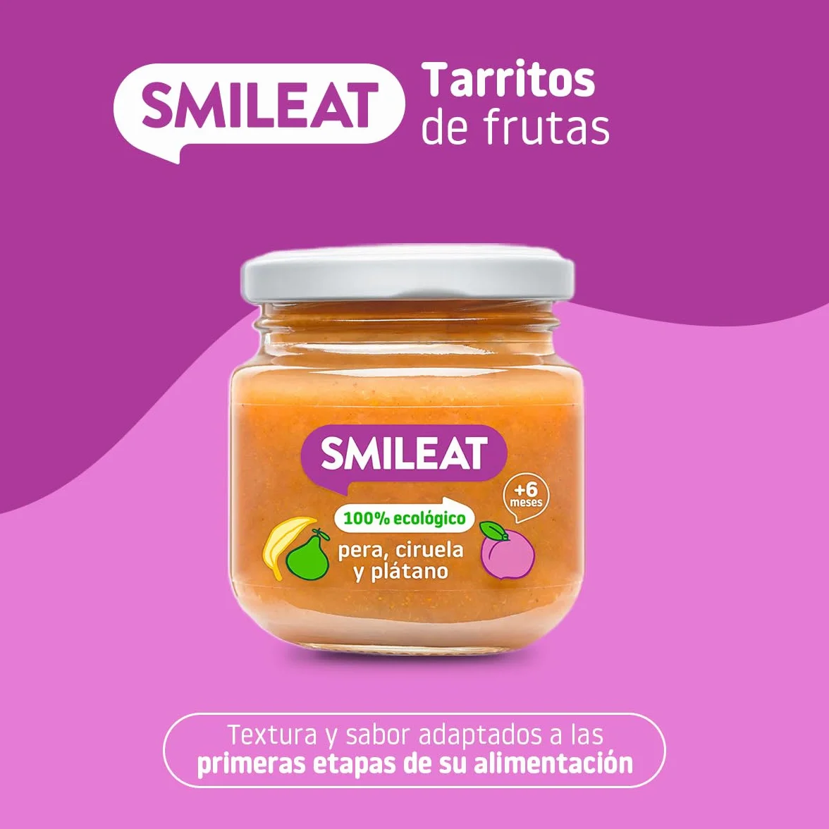 Smileat Tarrito de Frutas Ecológicas Pera Ciruela Plátano 130g +6 Meses Sin Azúcar Añadido