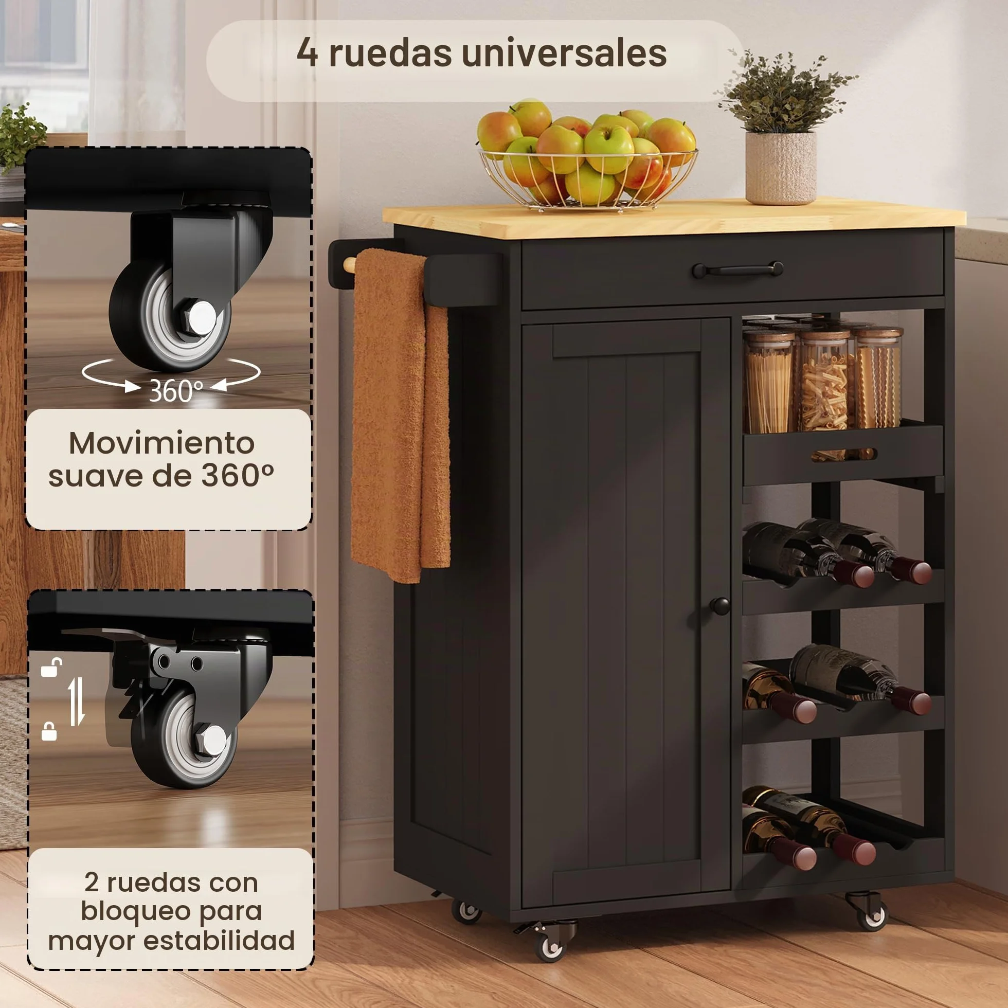 Xbro Carrito Auxiliar con Ruedas, Carrito con encimera, cajón, Bandeja extraíble, Estante para Vino, toallero y Gancho, Carrito Auxiliar para Cocina, Comedor y Bar, 40 x 64 x 91 cm, Negro