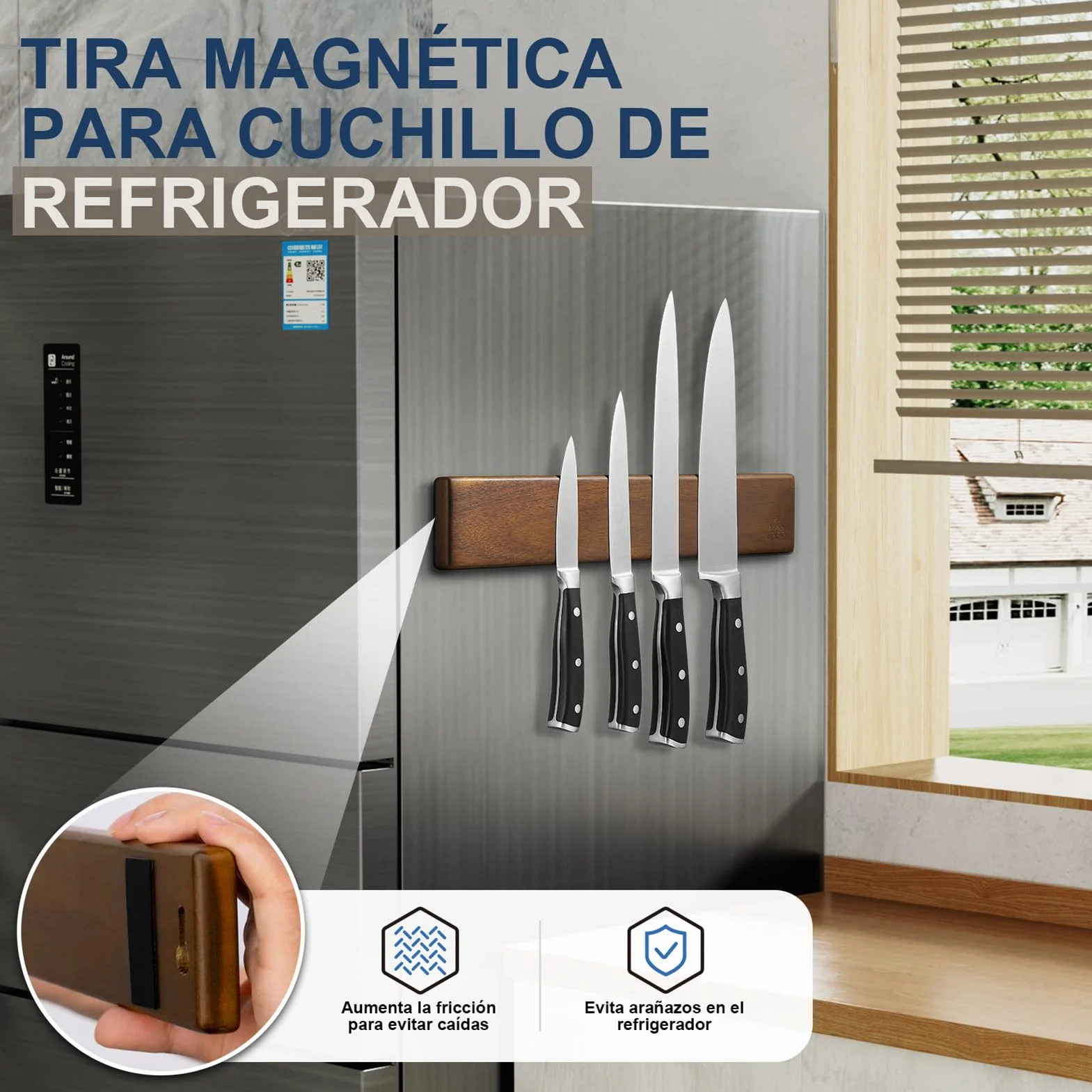 ENOKING Barra Magnetica para Cuchillos 40 cm, Soporte Imán de Madera de Acacia con Ganchos