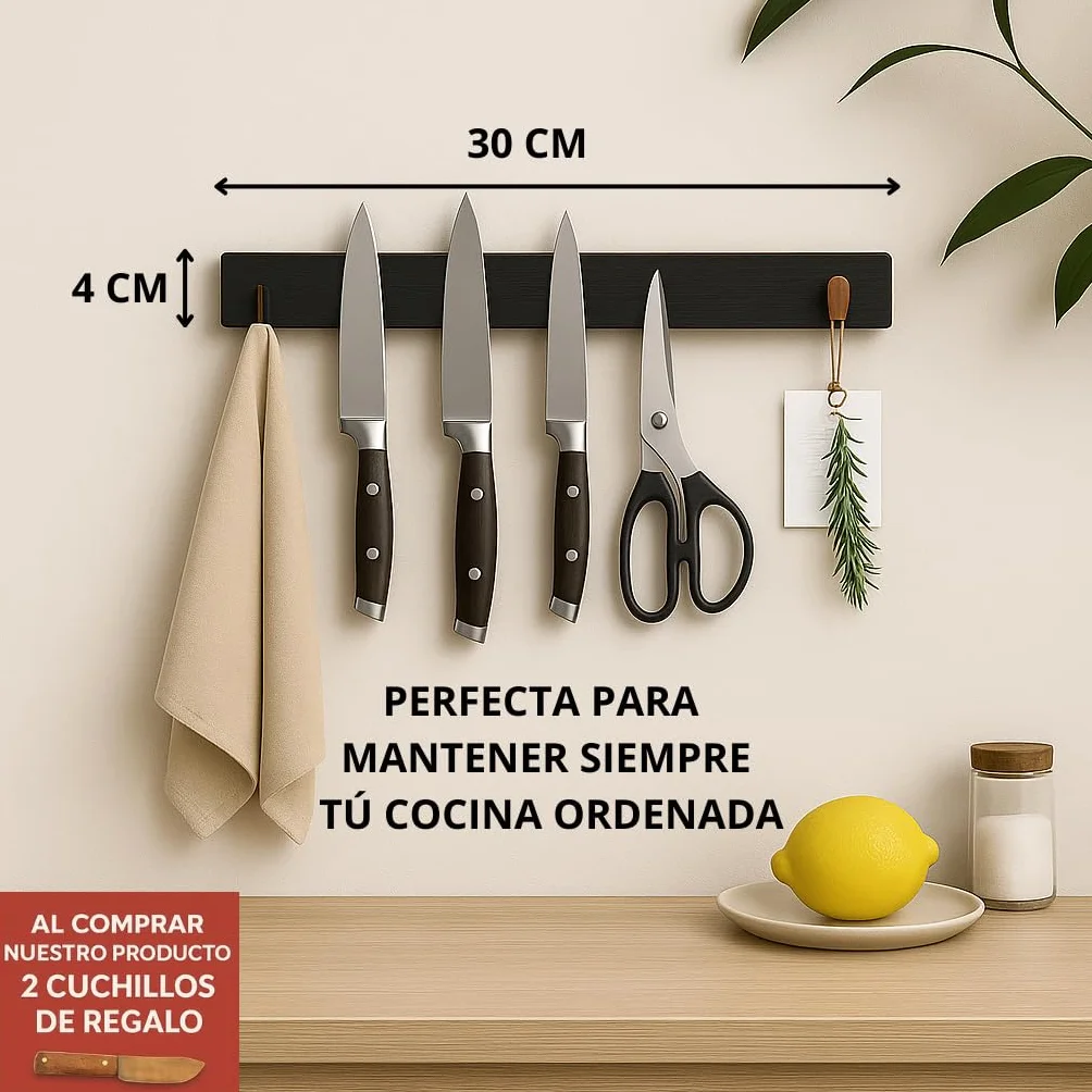 Soporte Cuchillos Cocina Imán 30cm Autoadhesivo con 2 Cuchillos