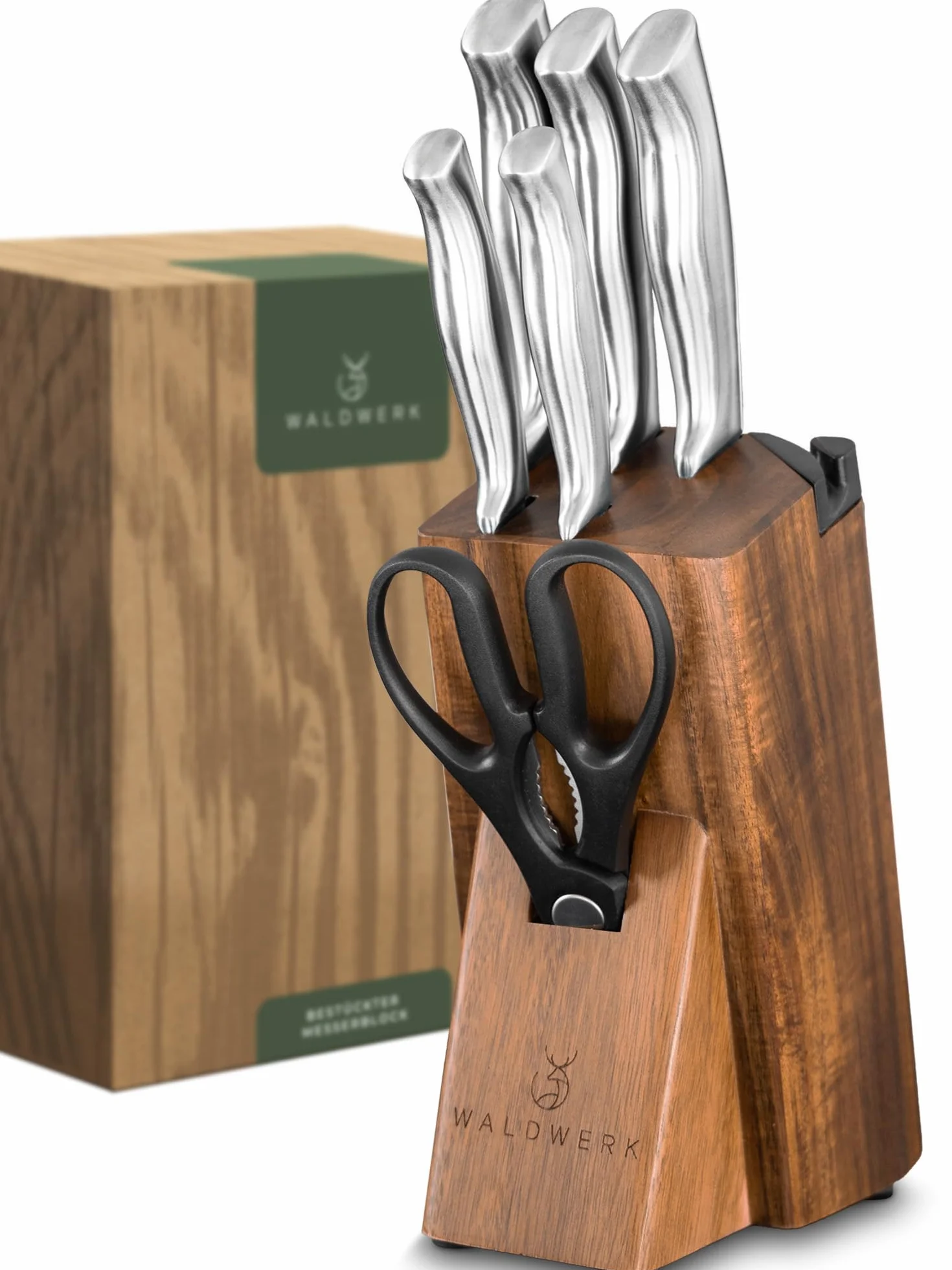 WALDWERK Juego de cuchillos de cocina de 7 piezas con bloque y afilador integrado