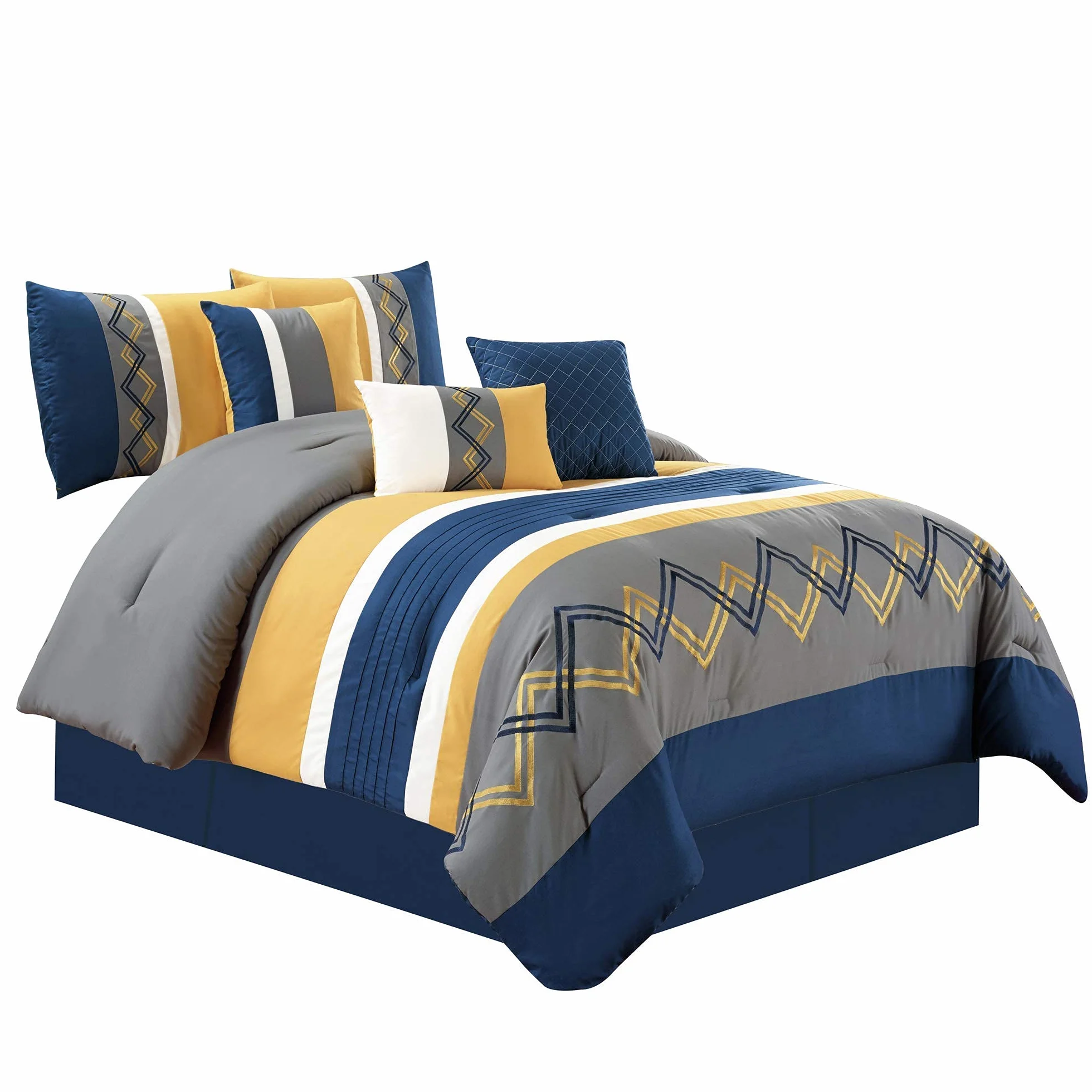 Chezmoi Collection Arden - Juego de Ropa de Cama, edredón Moderno Plisado a Rayas Bordadas en Zigzag de 7 Piezas (Matrimonio, Azul Marino/Gris/Amarillo/Blanco)