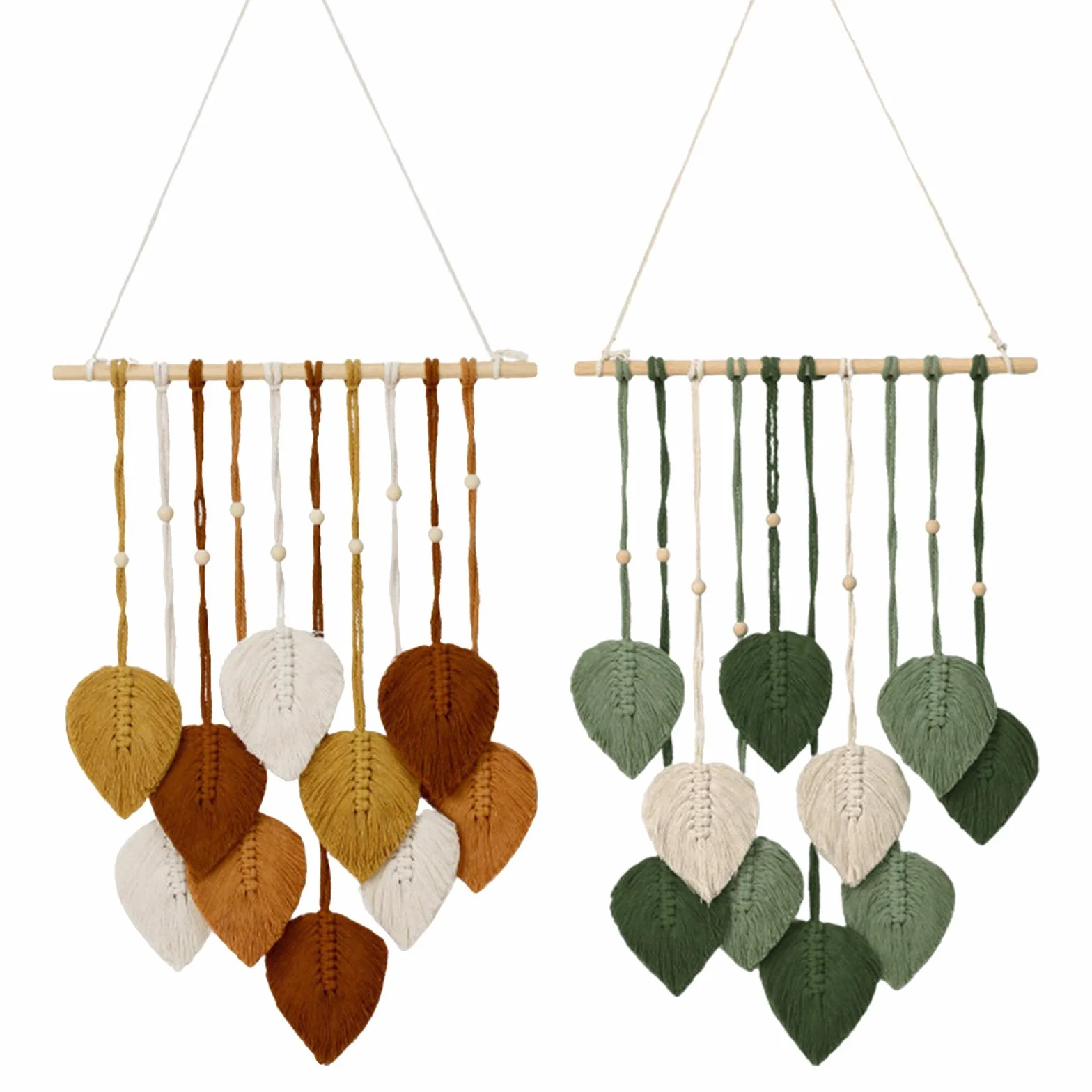 Tapiz Bohemio Hecho A Mano Decoración De Pared 2PCS Colgante Tejido Con Plumas Hojas Y Cuentas De Madera