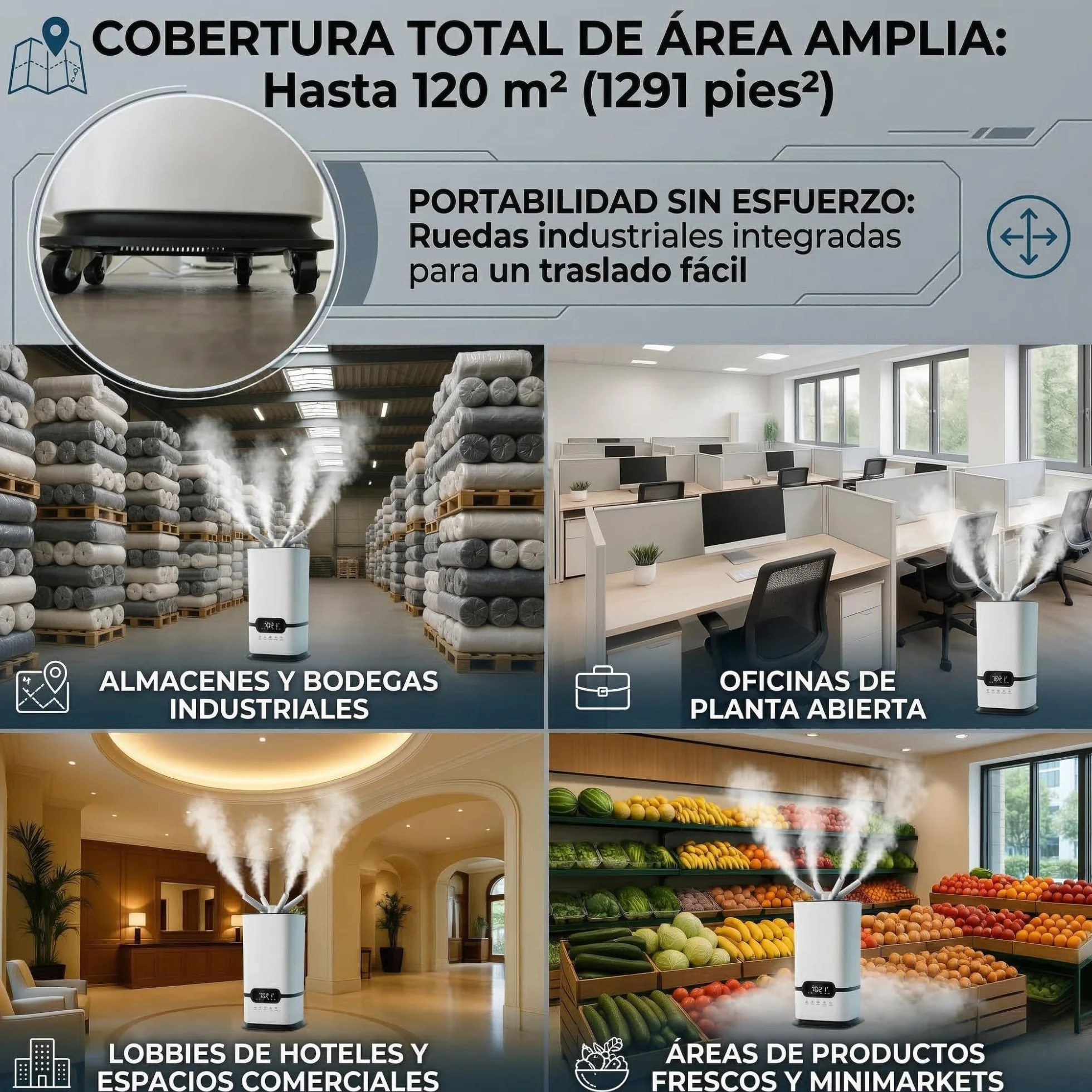 LUMS Humidificador Industrial 16L, Control Inteligente de Humedad, Temporizador, Relleno Superior, 3 Núcleos, Portátil