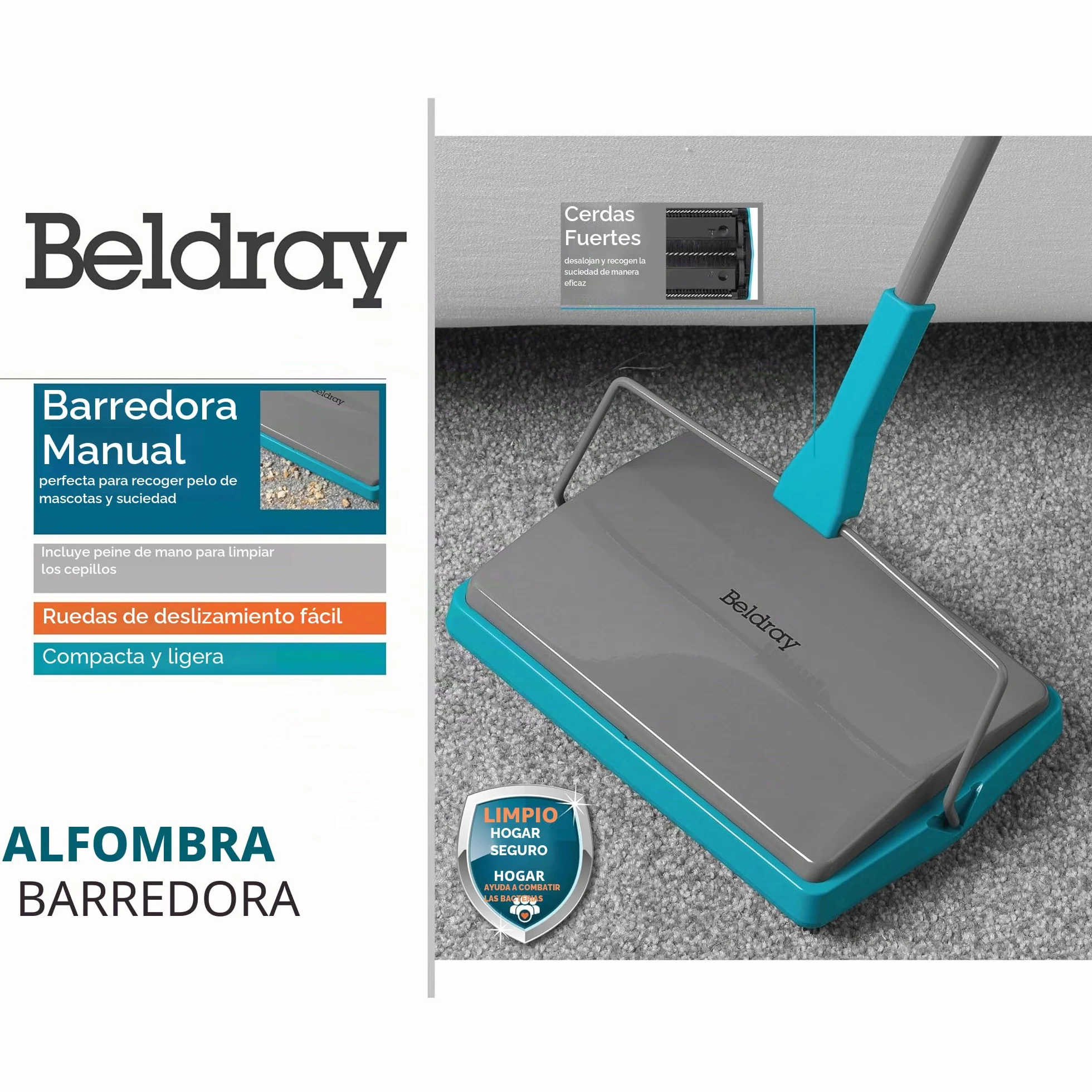 Beldray Escoba De Alfombra Recoge Suciedades Mascotas Cuatro Ruedas Delgada Compacta Turquesa Gris