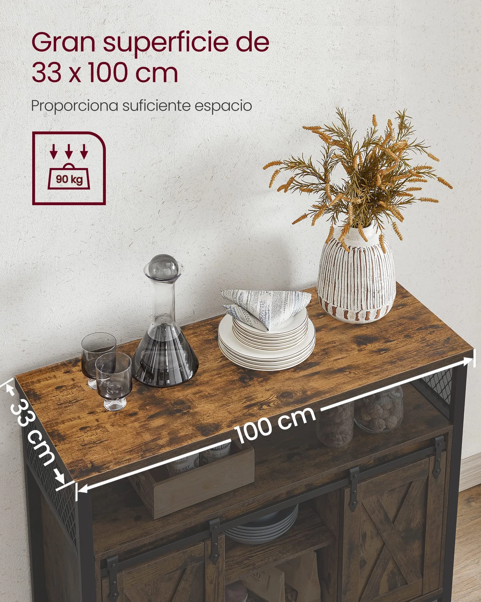 VASAGLE Aparador, Armario de Cocina, Armario de Almacenamiento, con 2 Puertas Correderas, 33 x 100 x 80 cm, Estantes Ajustables, para Salón, Marrón Rústico y Negro Tinta LSC092B01