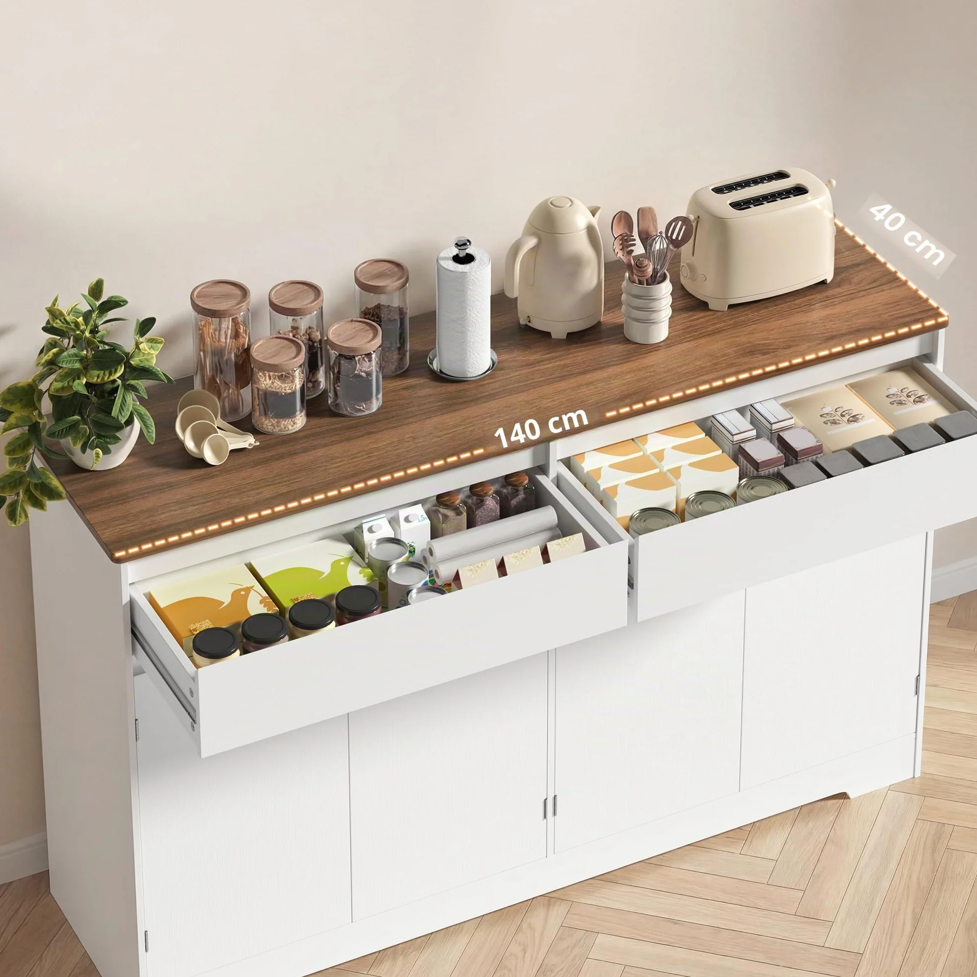 Xbro Aparador de Cocina, Mueble Auxiliar de Almacenaje con Cajón, para Cocina, Salón y Comedor, de Estilo Moderno, 140×40×89 cm