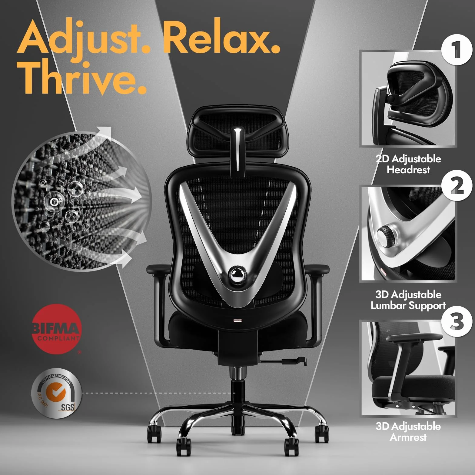 Silla de Oficina Ergonómica HOLLUDLE con Soporte Lumbar 3D y Reposabrazos Ajustables, Negra