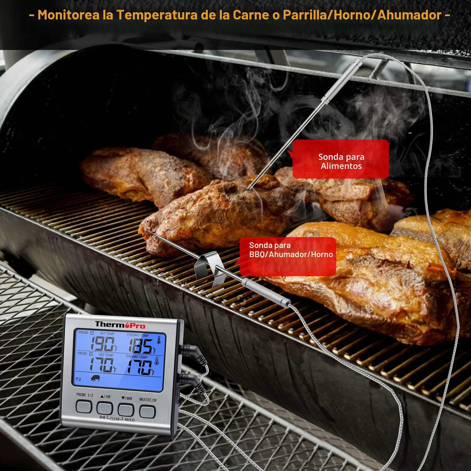 ThermoPro TP17 Termómetro Cocina Digital de Doble Sonda con Modo Temporizador Termómetros de Barbacoa con Grande Retroiluminación de LCD para BBQ Carne Alimentos Líquido Parrilla Horno