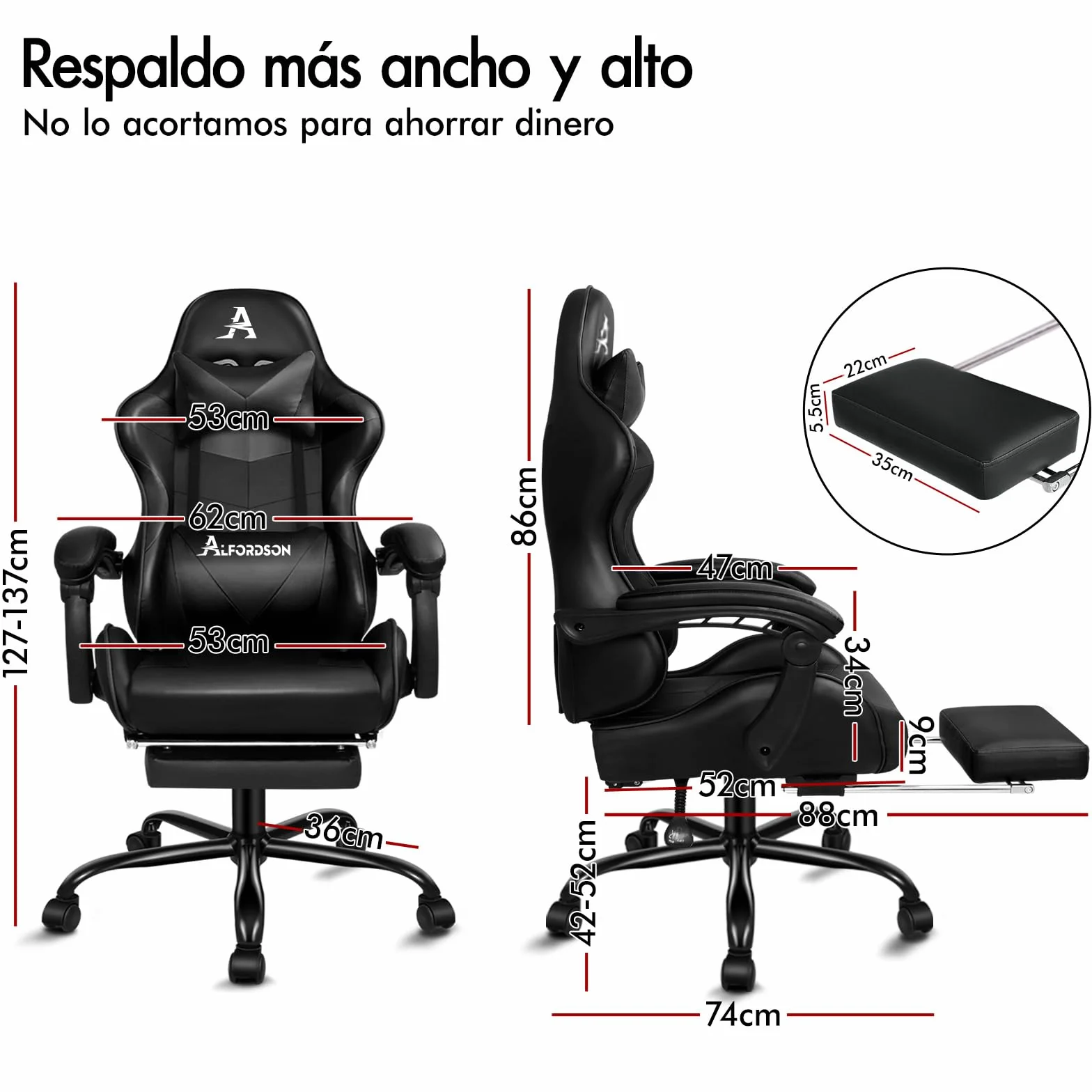 ALFORDSON Silla Gaming Escritorio con Masajeador, Silla Gamer Ergonómica Cojín Lumbar y Cervical, Reposapiés Retráctil, Ruedas Giratorias 360°, para Oficina, Videojuego, Ordenador, Cuero PU(Negra)