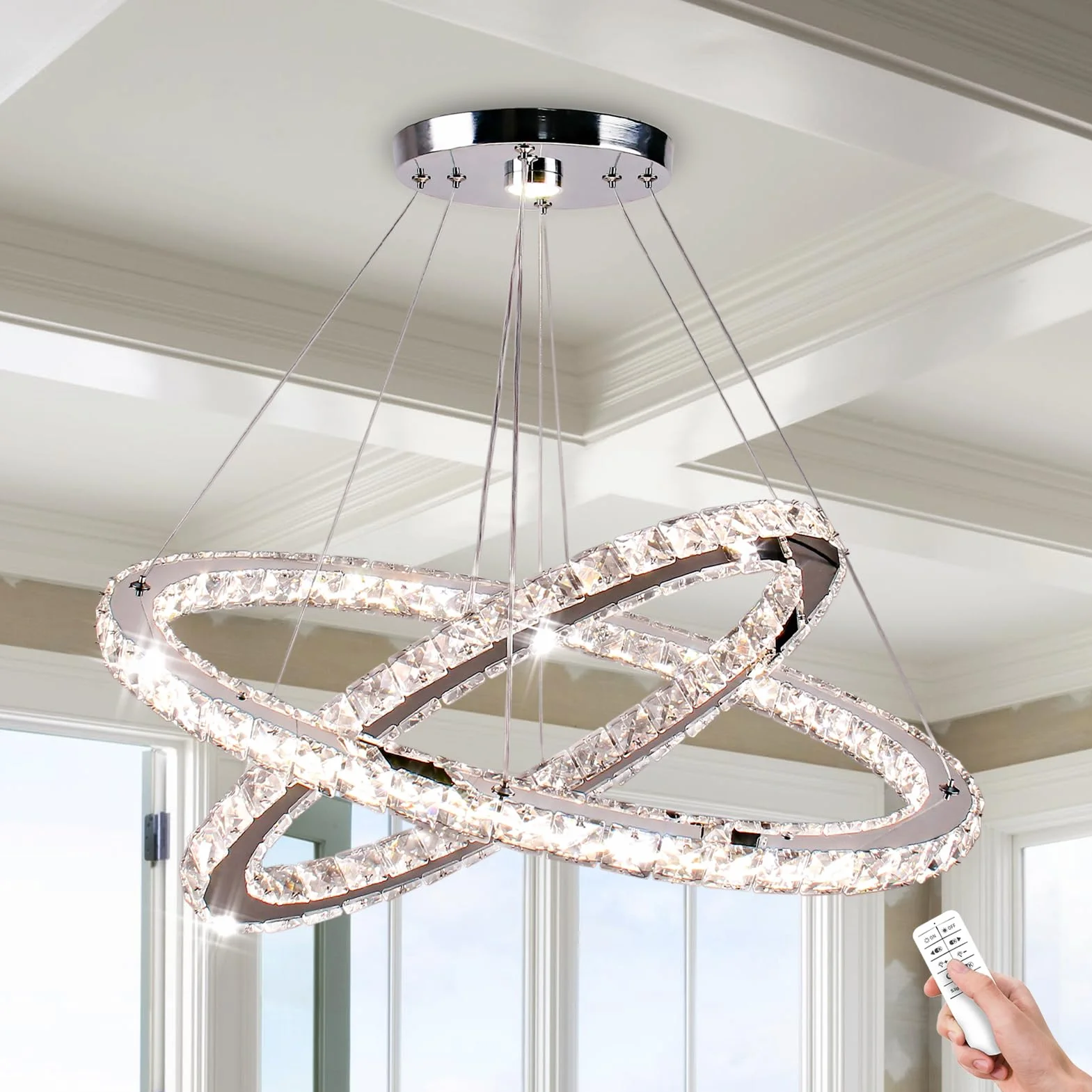 Finktonglan Candeliers de cristal, óvalo 2 anillos Chandelier moderna con control remoto, lámpara lineal LED LIGHTLIER PIELTA LUZ para comedor de cocina dormitorio de sala de estar dormitorio