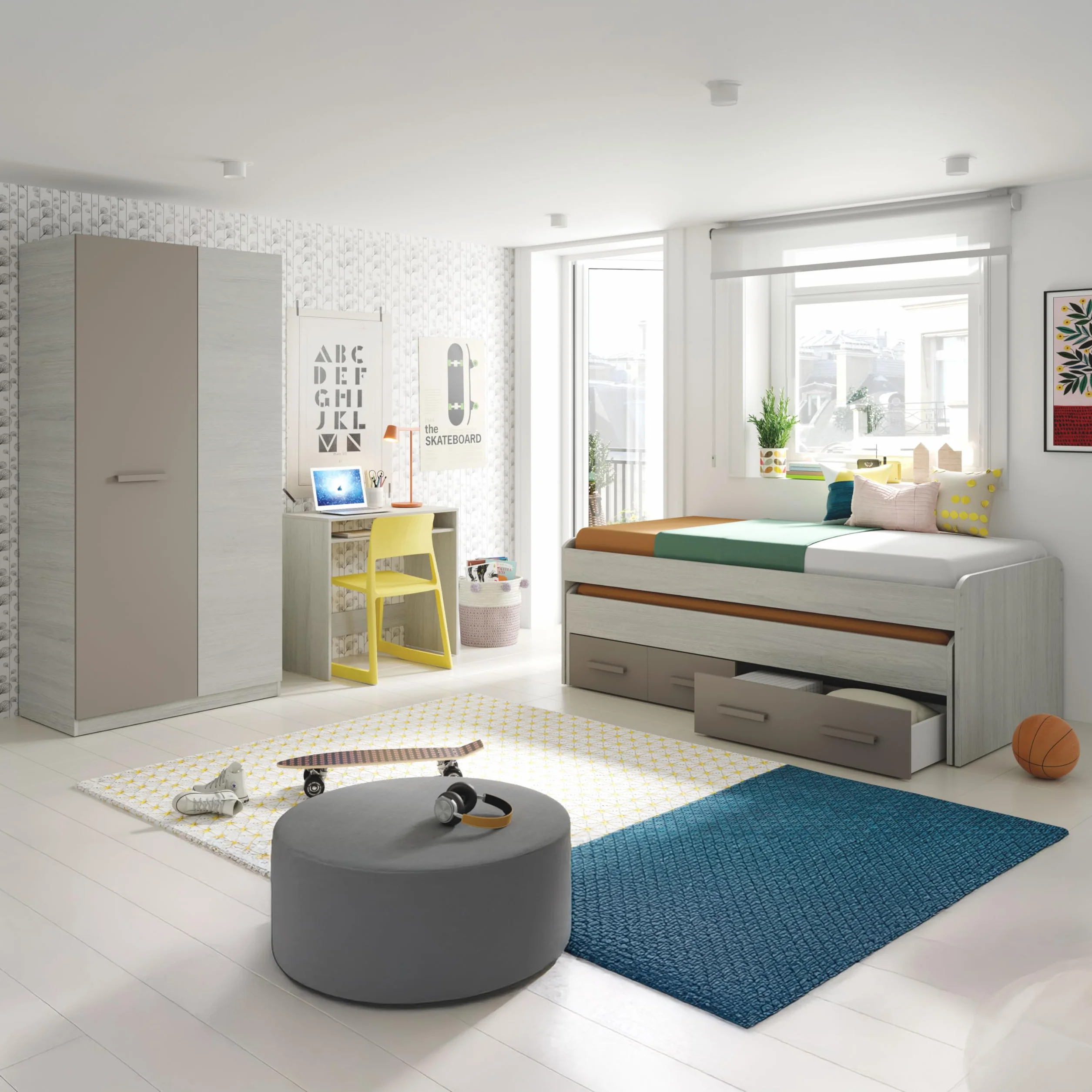 duehome | Pack de Dormitorio Juvenial con Cama Nido Juvenil y Armario, Conjunto de Dormitorio Infantil, Modelo Axim Plus, Acabado en Blanco Alpes y Basalto