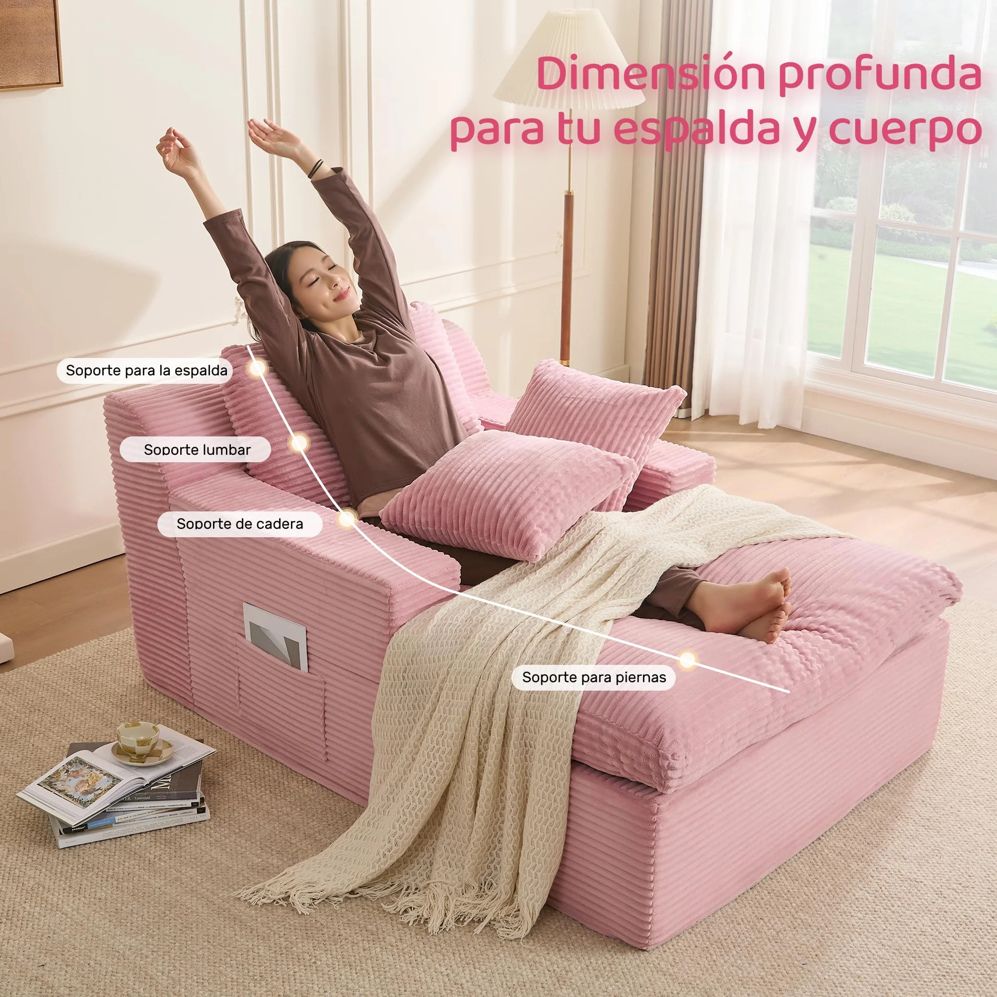 Sofá Chaise Longue 160 cm, Sofá de Suelo Modular sin Estructura con Función de Dormir, Sofá Tipo Nube Compacto para Salón o Apartamento, Sin Montaje (Rosa) | Diseño boneless, sin montaje, asiento lounge, comodidad envolvente, ahorra espacio, espuma de alt