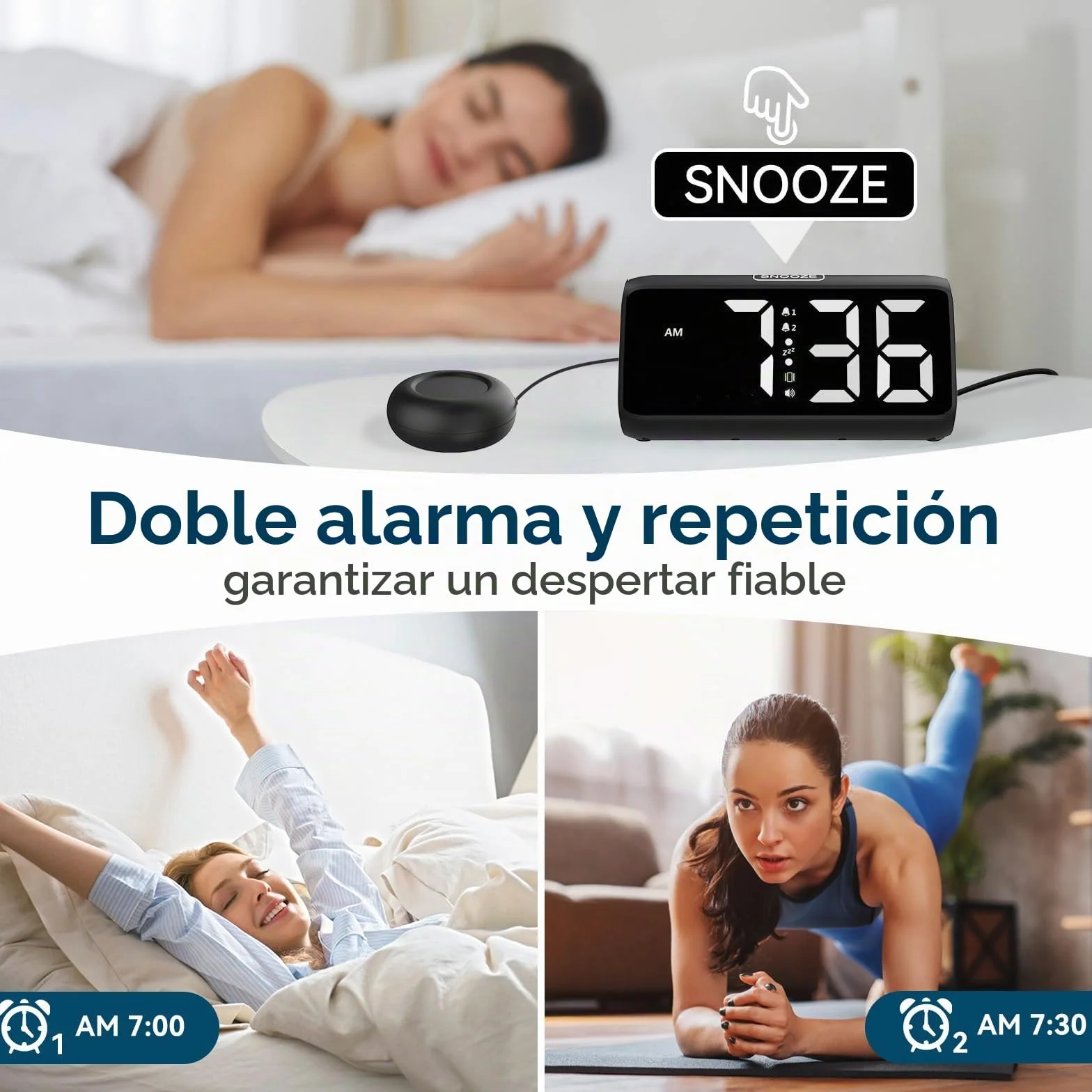 Despertador fuerte para durmientes profundos, despertador fuerte con vibración, doble alarma, pantalla LED, 5 niveles de brillo, 4 niveles de volumen, snooze, despertador vibrante para ancianos