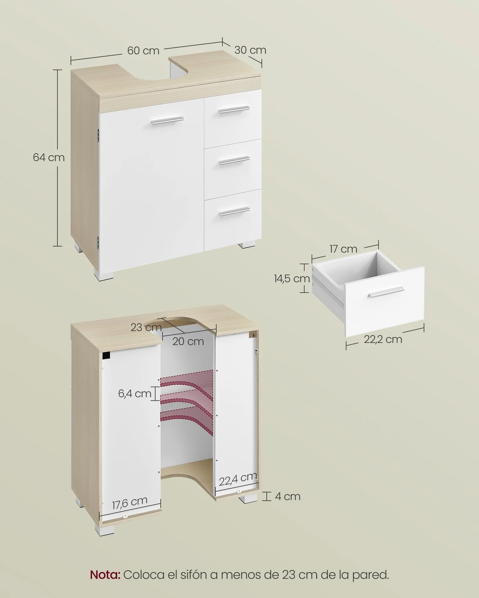 VASAGLE Armario de Baño 3 Cajones 30 x 60 x 64 cm Blanco Nube Beige Natural
