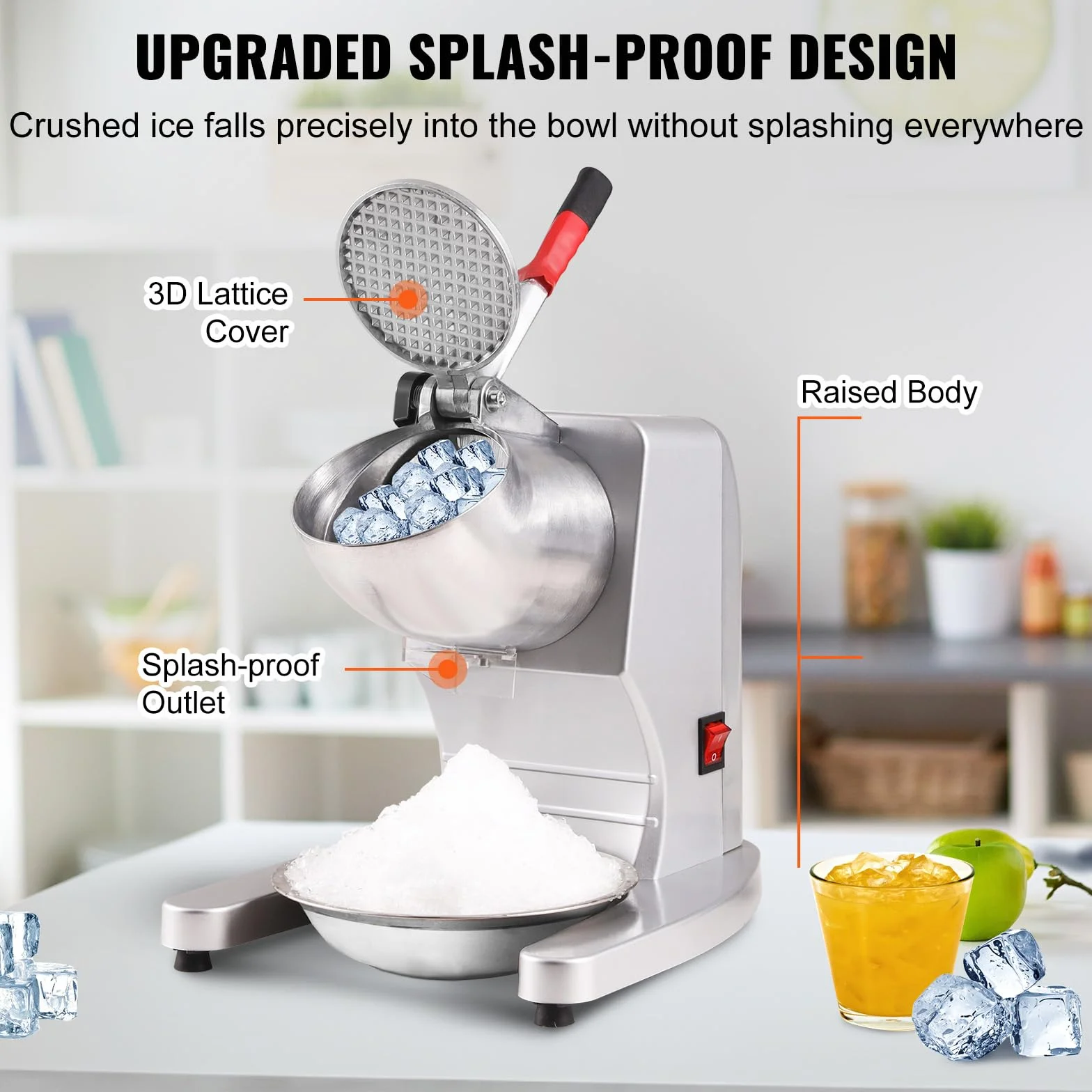 VEVOR Máquina para Picar Hielo Eléctrica 100 kg/h Picadora de Hielo Comercial 300 W Cabezal de Acero Inoxidable 4 Cuchillas