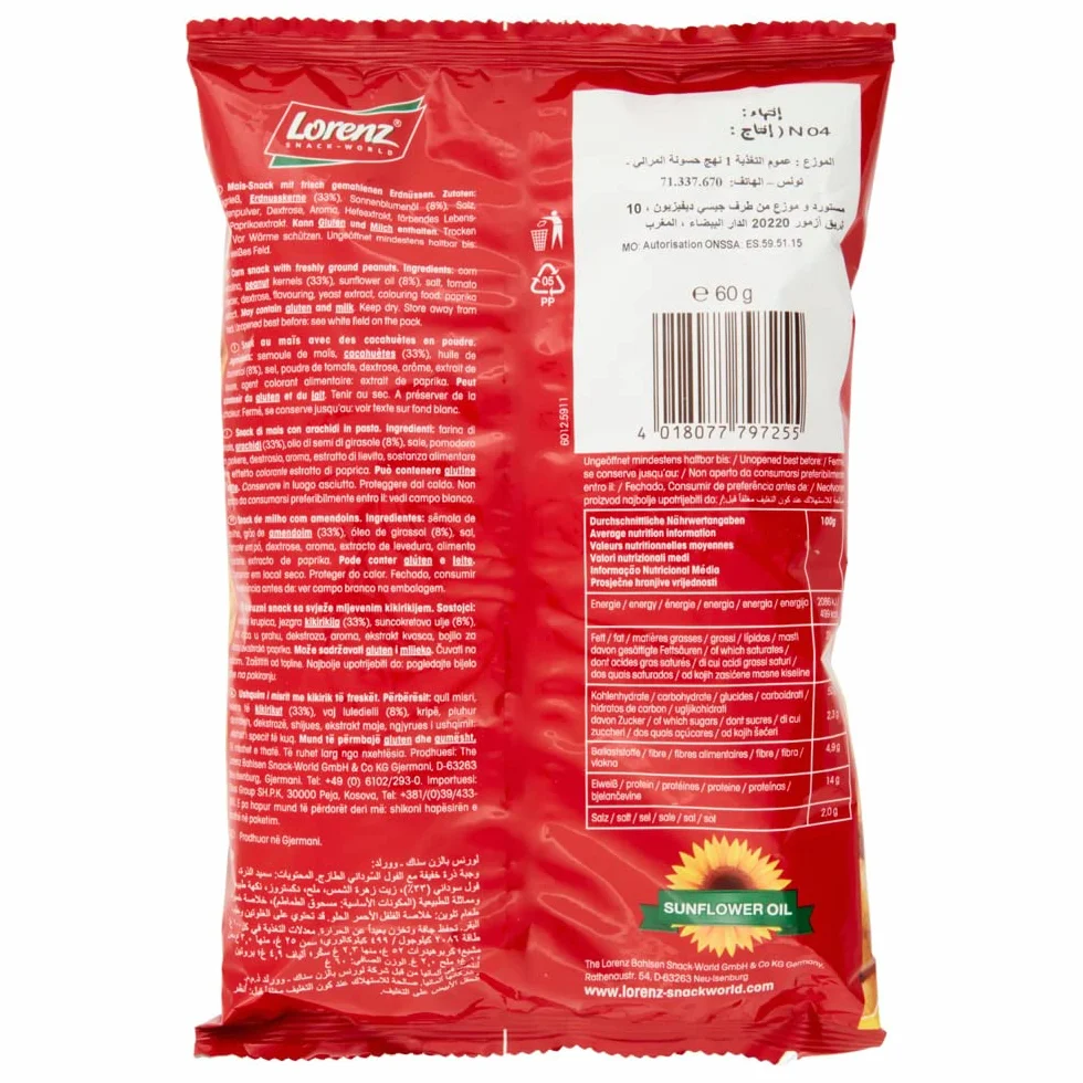 Lorenz Curly Peanut Classic Cacahuetes Rizados Clásicos Snack Salado 60g Bolsa