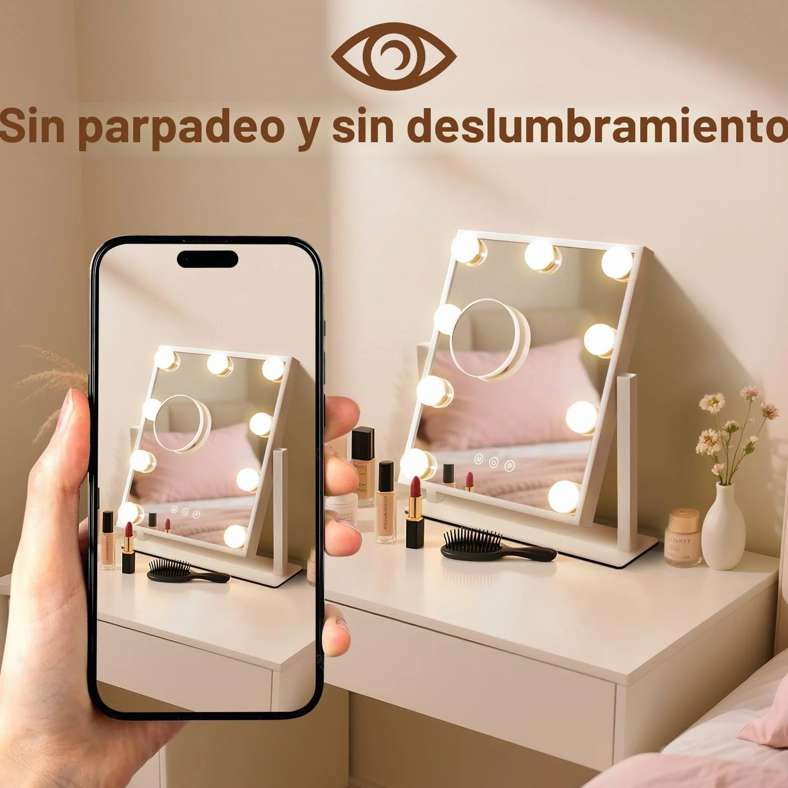 Espejo de Maquillaje Hollywood con LED 9, 360° Rotación, 3 Modos, Regulable